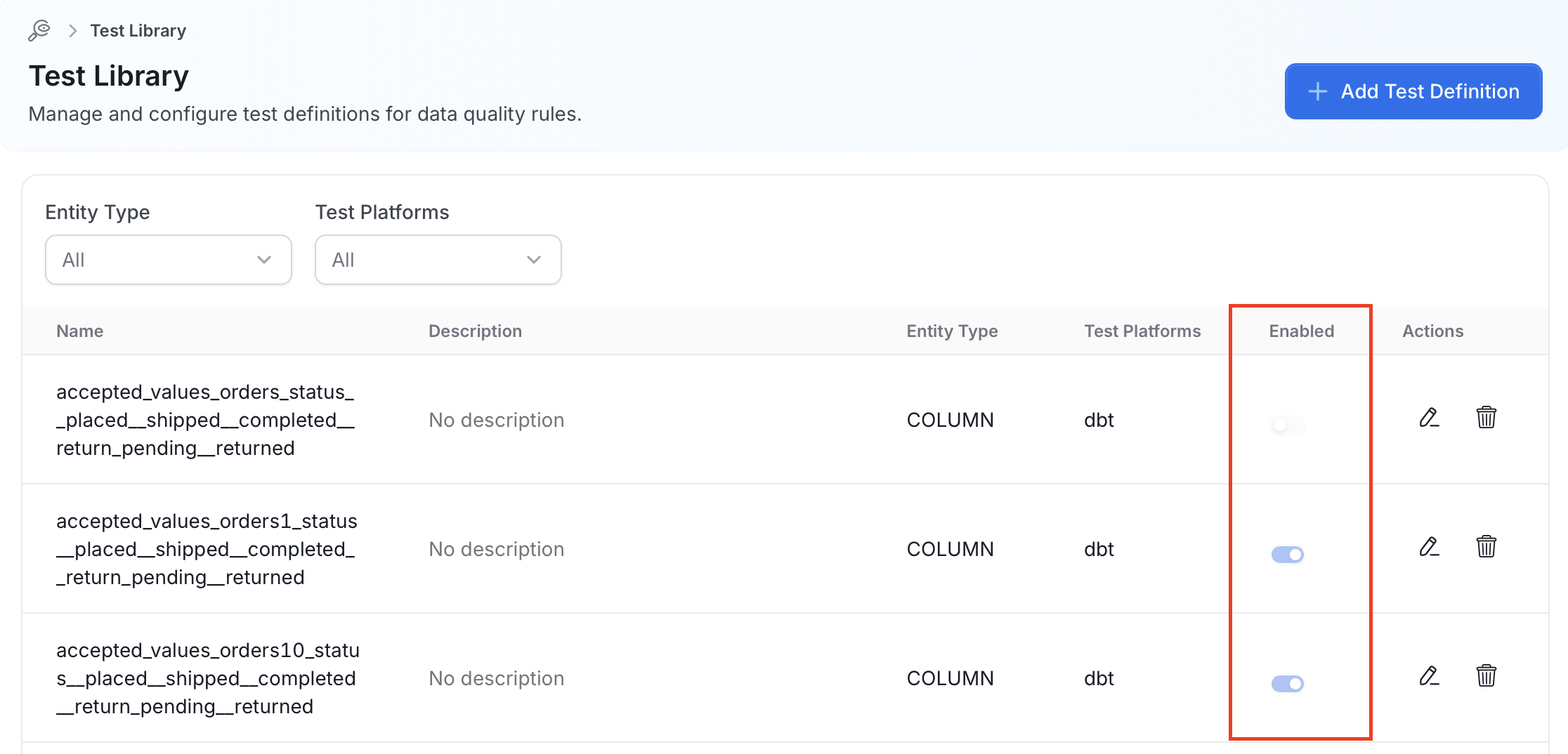 Enable Test Definition
