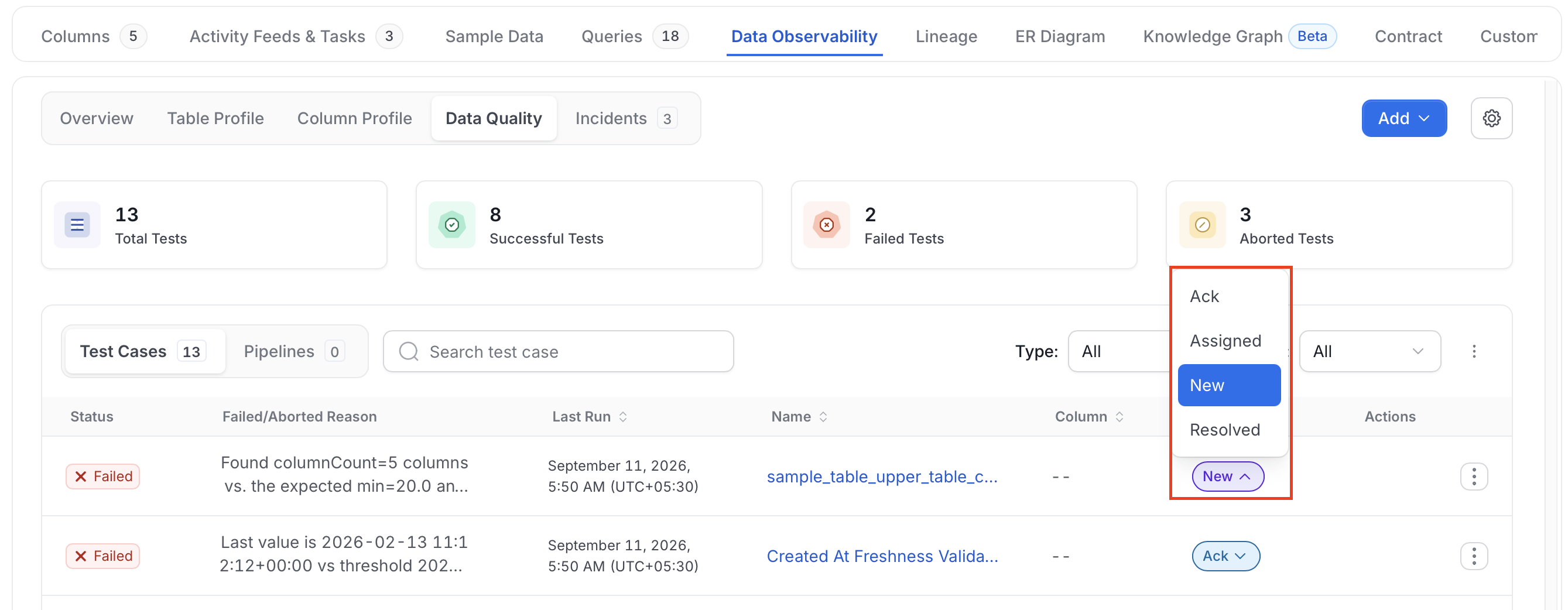 Incident status dropdown with the Ack, Assigned, New, and Resolved options