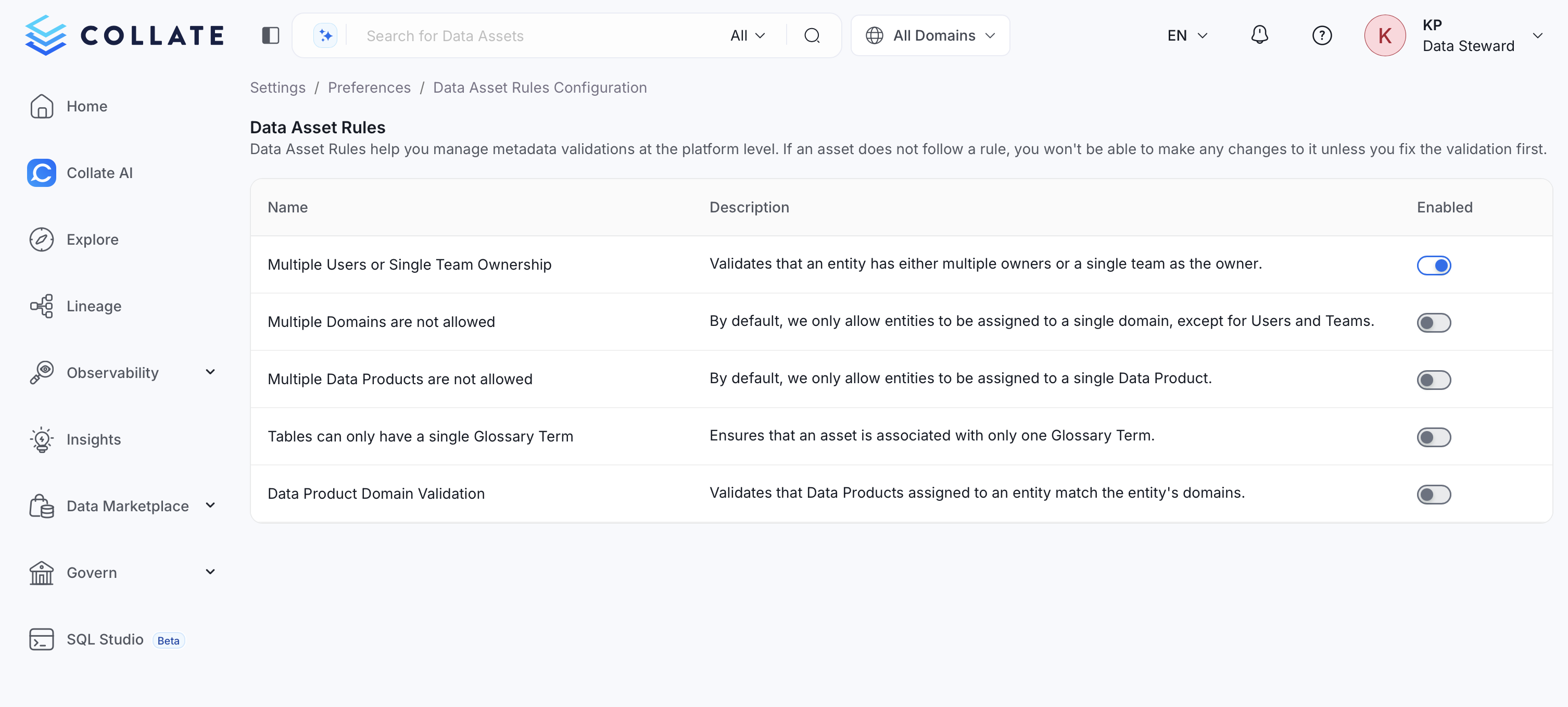 Data Asset Rules options
