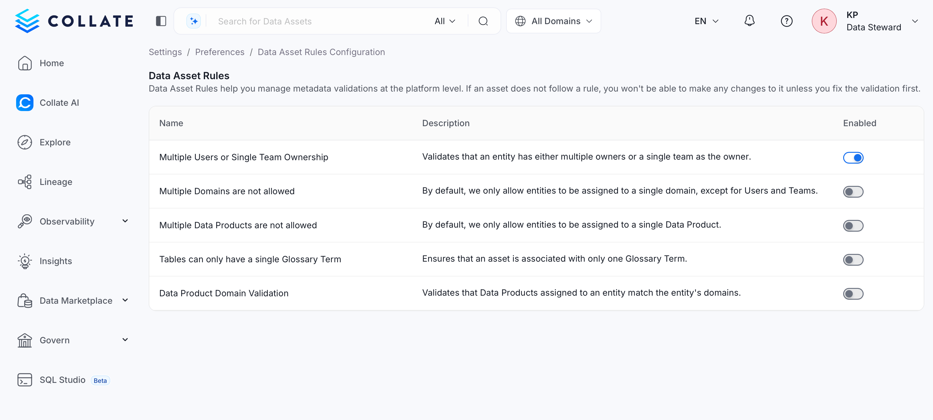 Data Asset Rules options