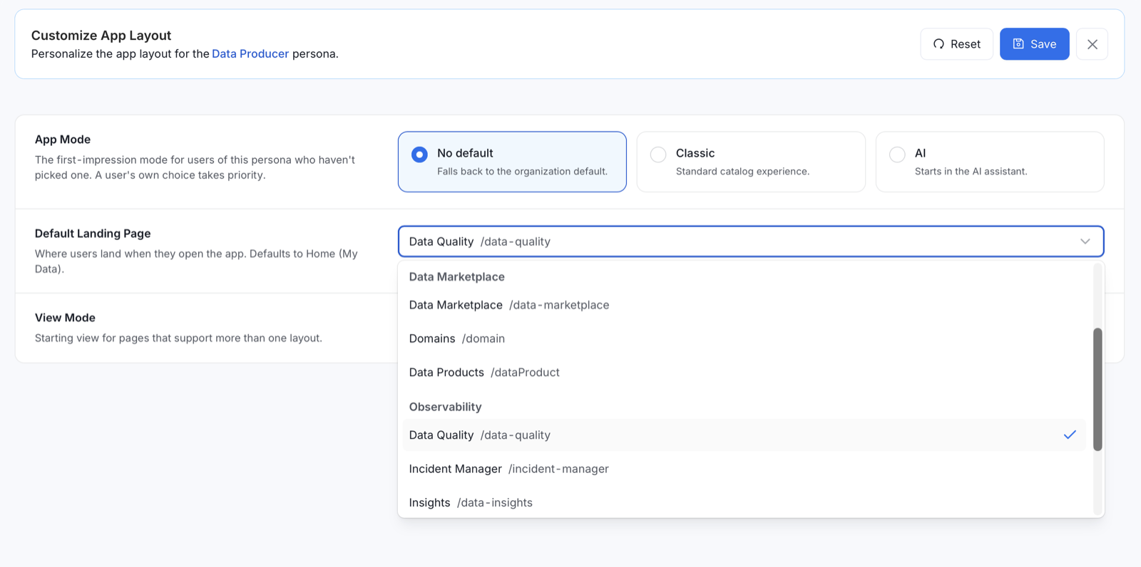 Default Landing Page dropdown with pages grouped by section