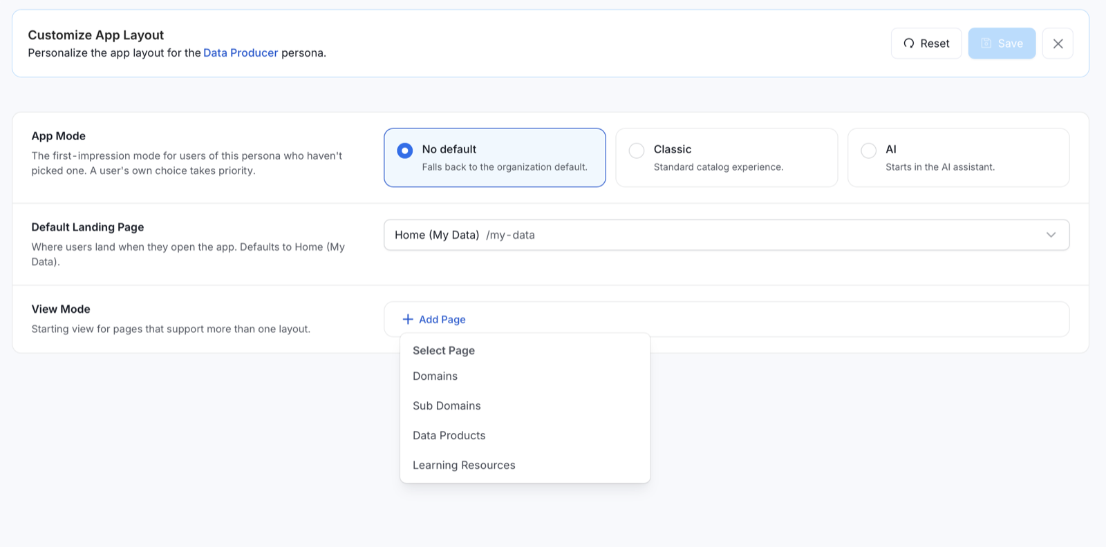 View Mode Add Page menu listing Domains, Sub Domains, Data Products, and Learning Resources