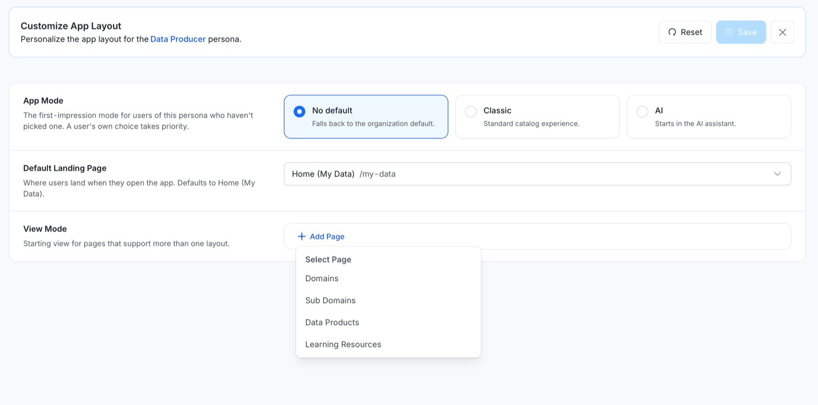 View Mode Add Page menu listing Domains, Sub Domains, Data Products, and Learning Resources