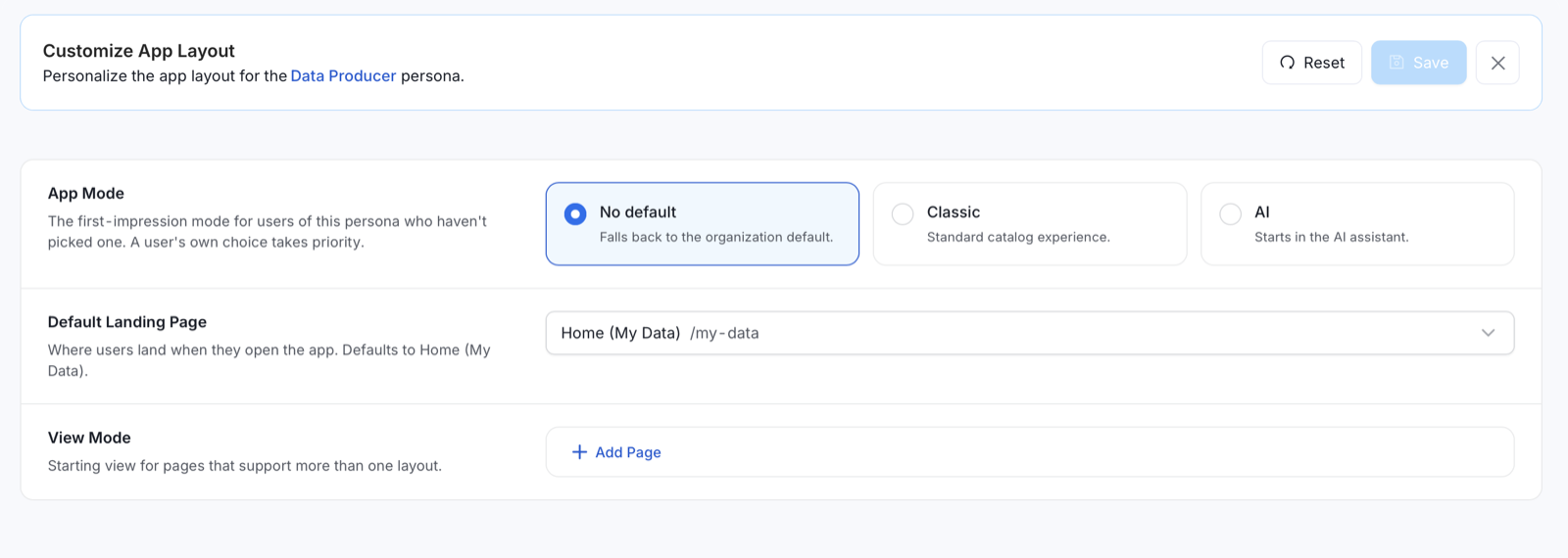 Customize App Layout page with App Mode, Default Landing Page, and View Mode settings