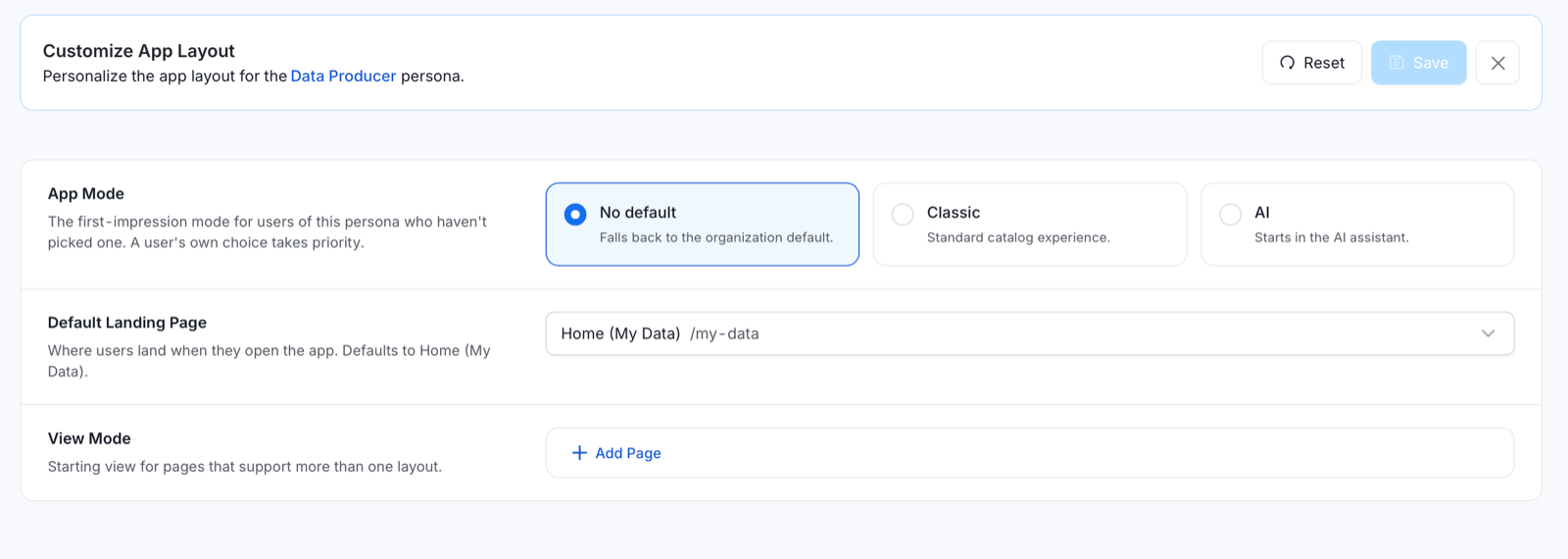 Customize App Layout page with App Mode, Default Landing Page, and View Mode settings