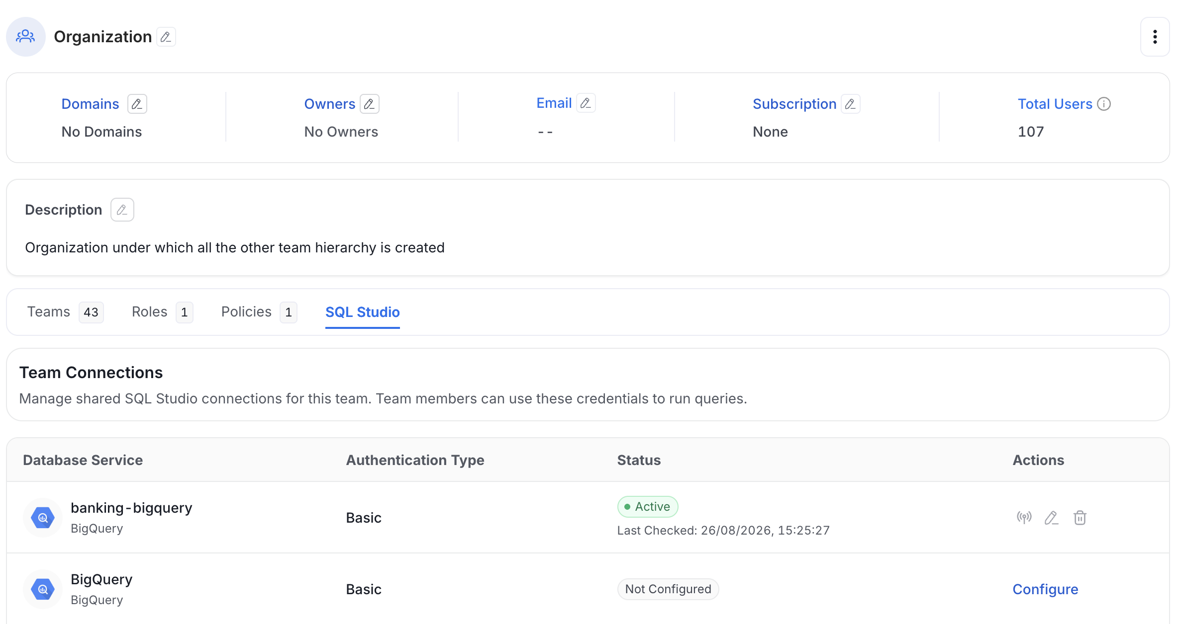 SQL Studio Tab on the Organization Team