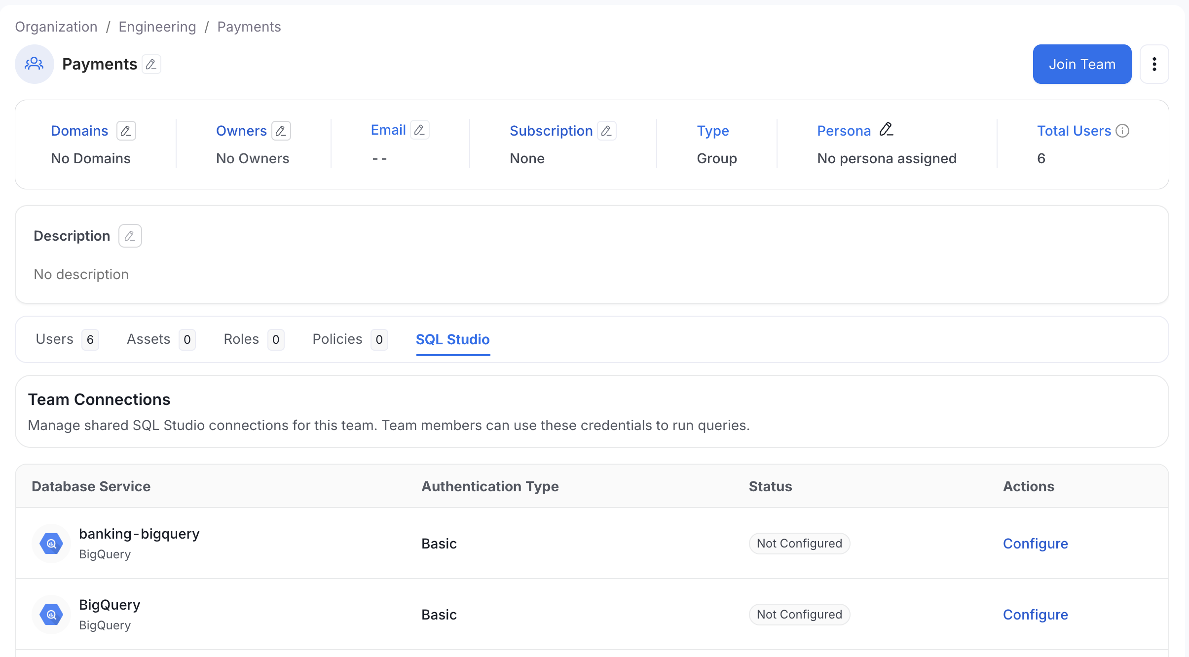 SQL Studio Tab on a Team Page