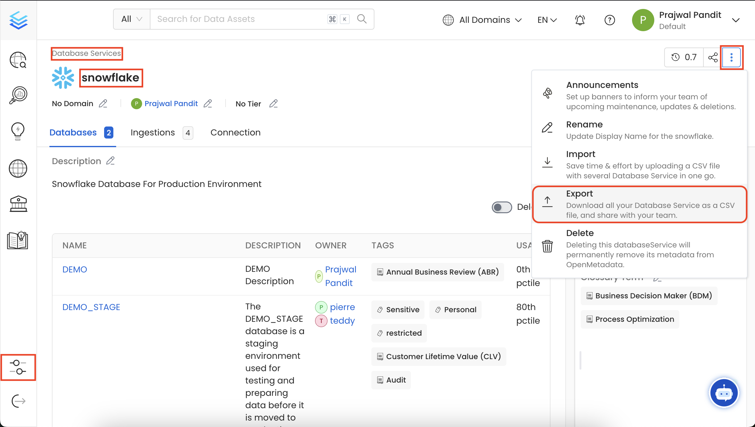 Bulk Export Data Assets via CSV in Collate - Collate Documentation
