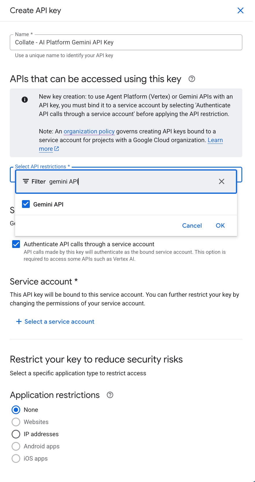 Create an API key for Gemini API in Google Cloud
