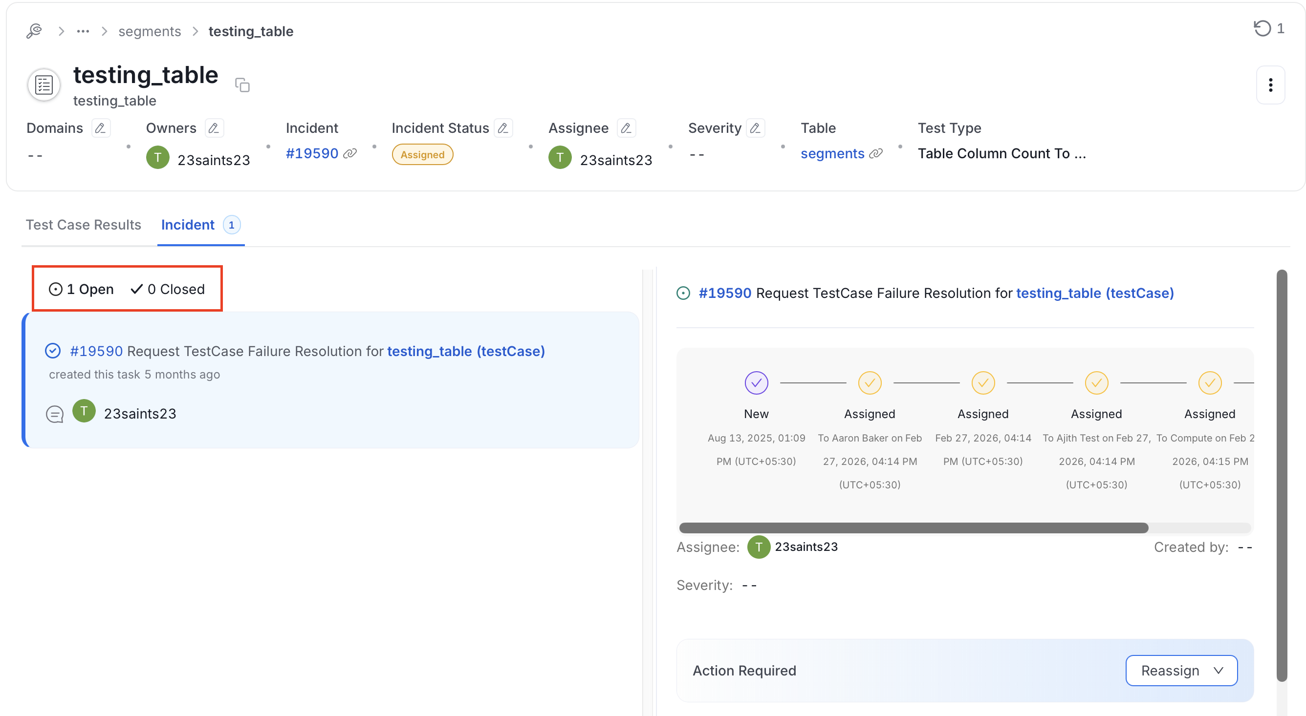 Test suite results table