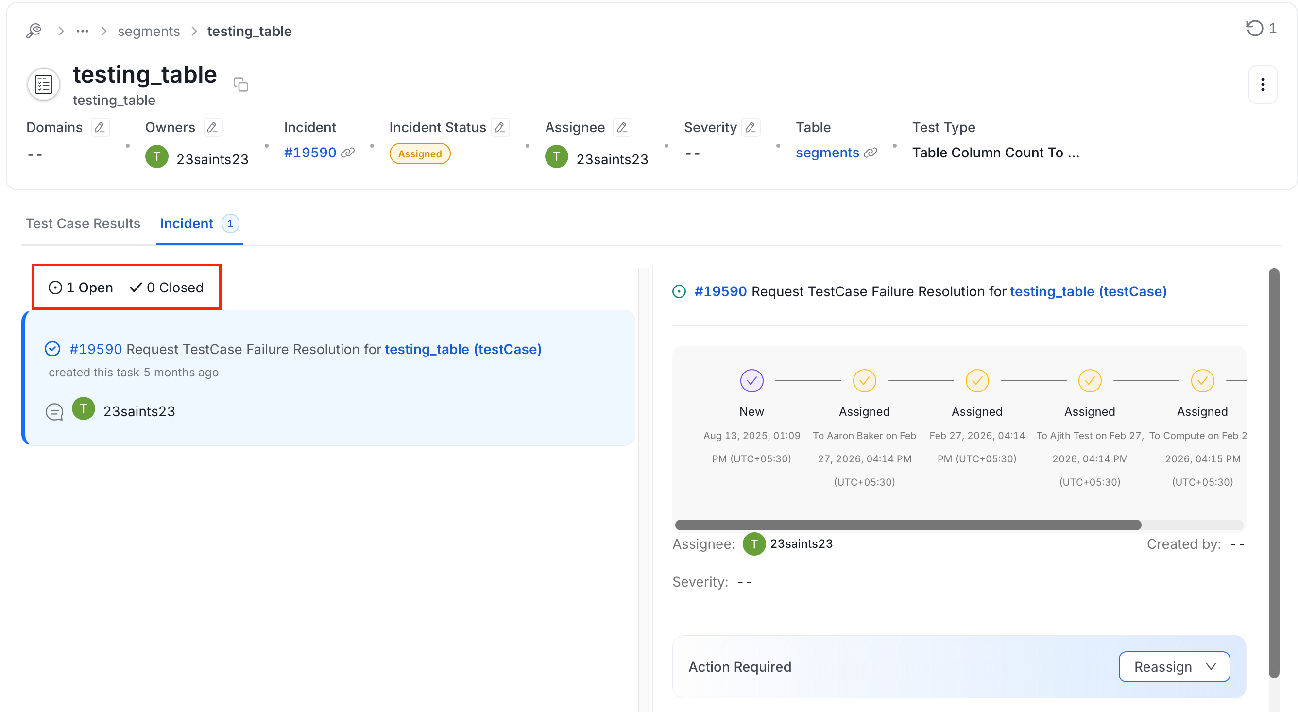 Test suite results table