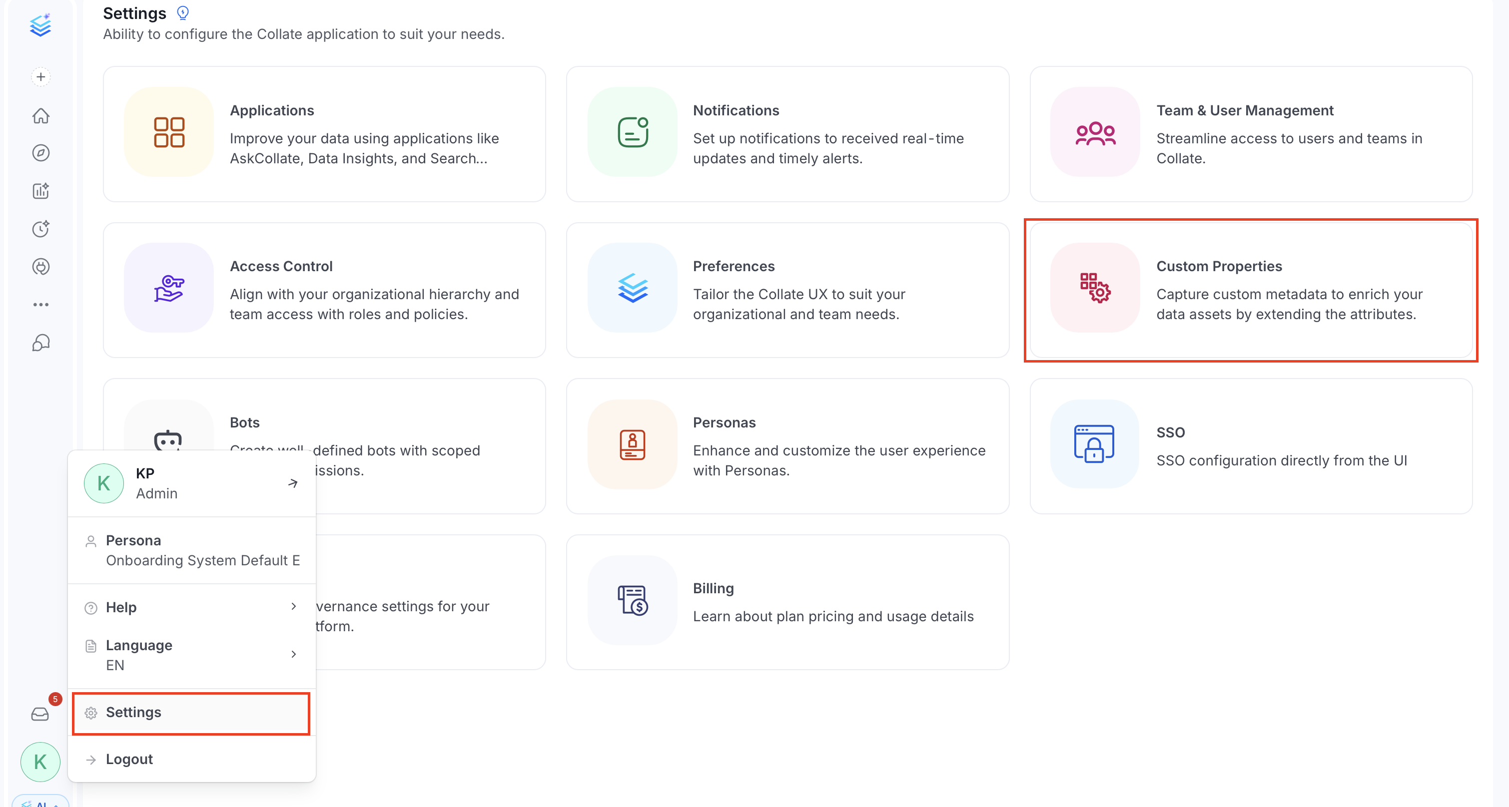 Navigate to Custom Properties in Settings