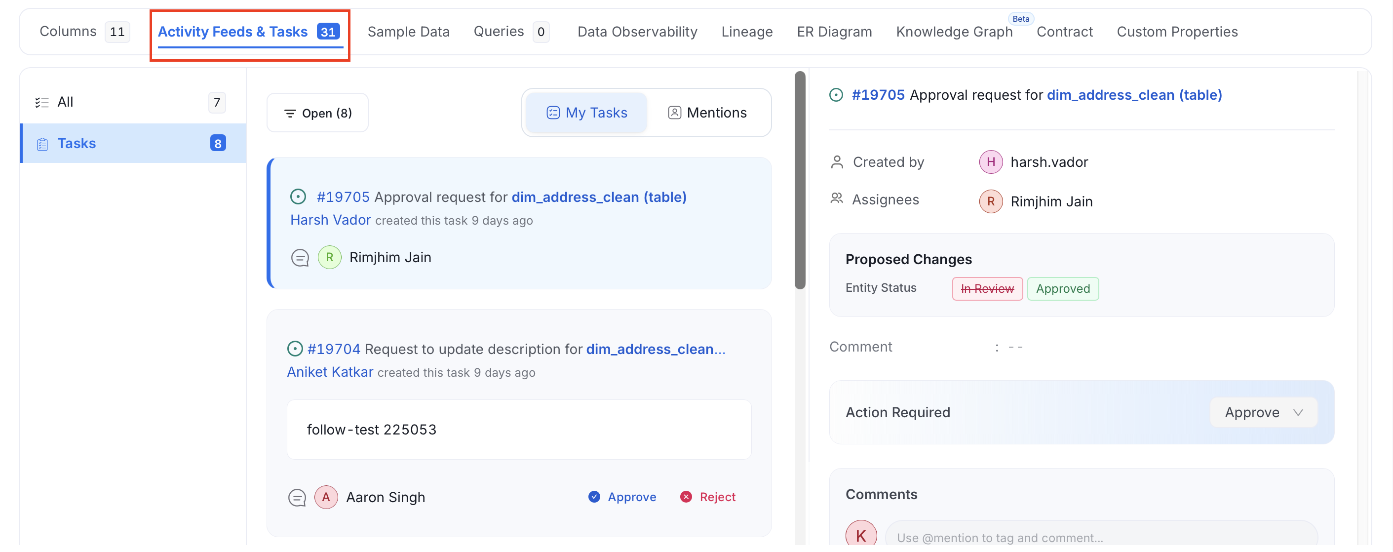 Tasks tab on data asset