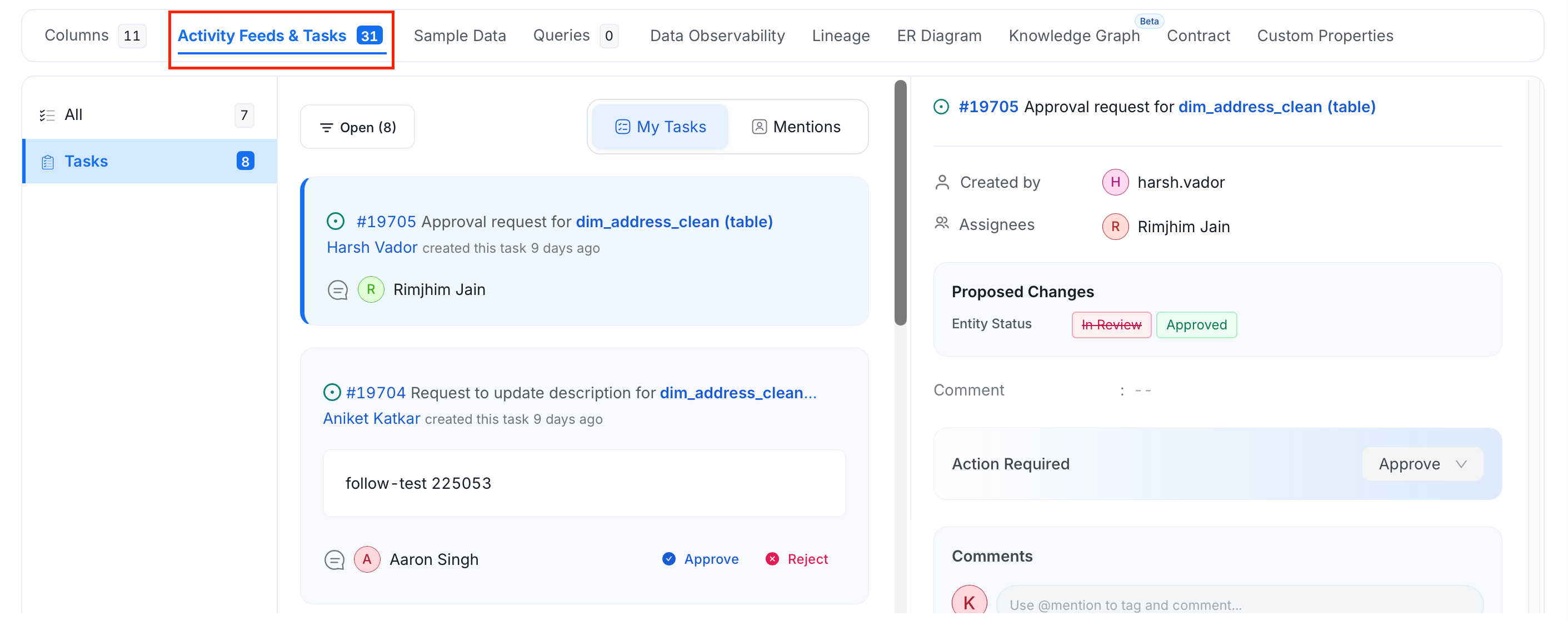 Tasks tab on data asset
