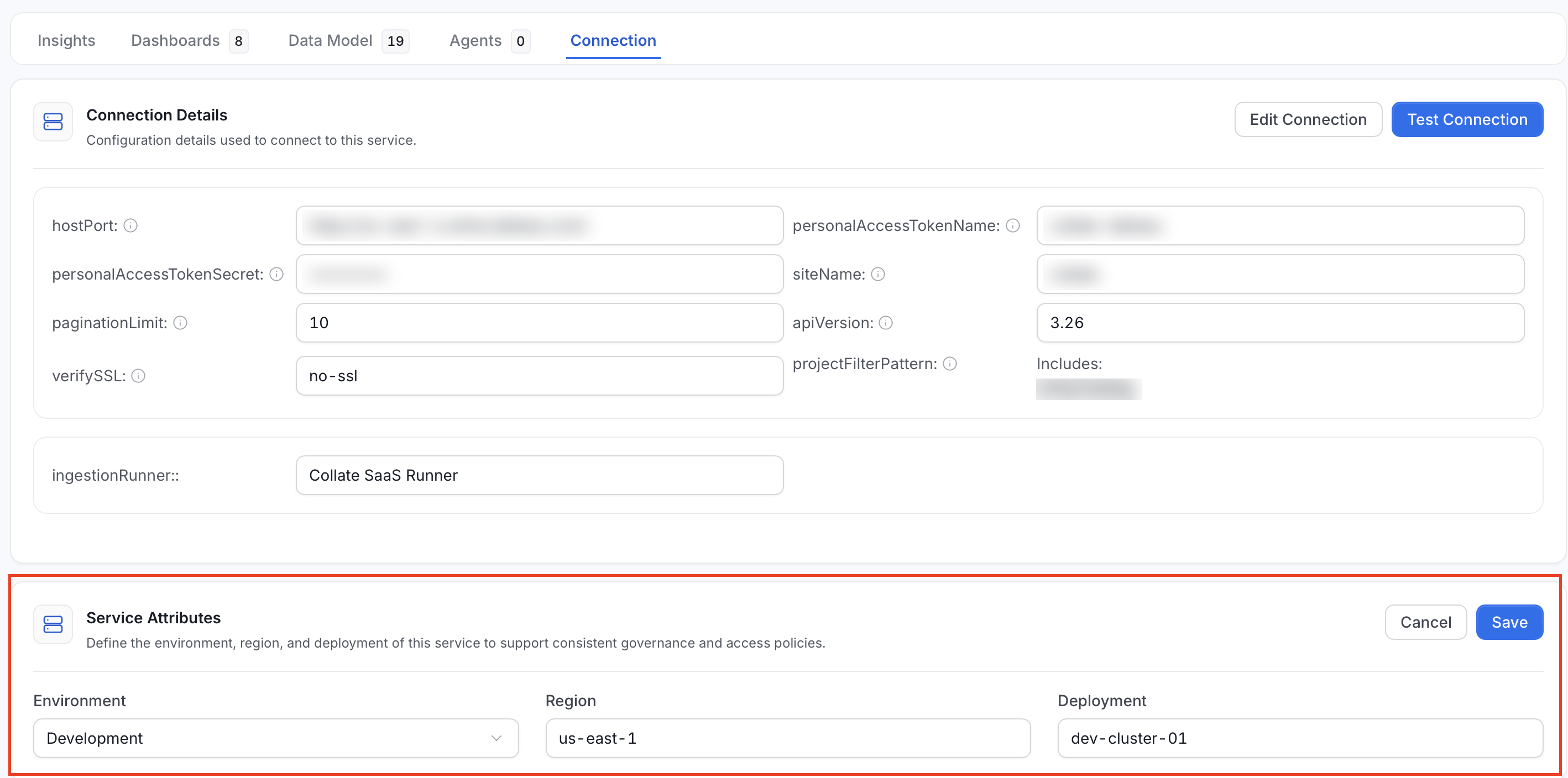 Service Attributes configured with an environment, region, and deployment