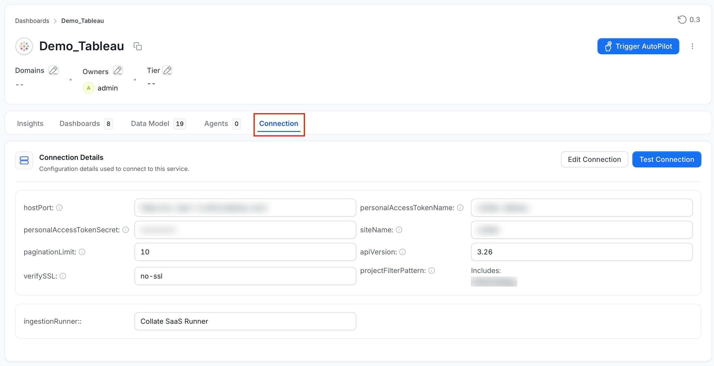 Connection tab on a service page