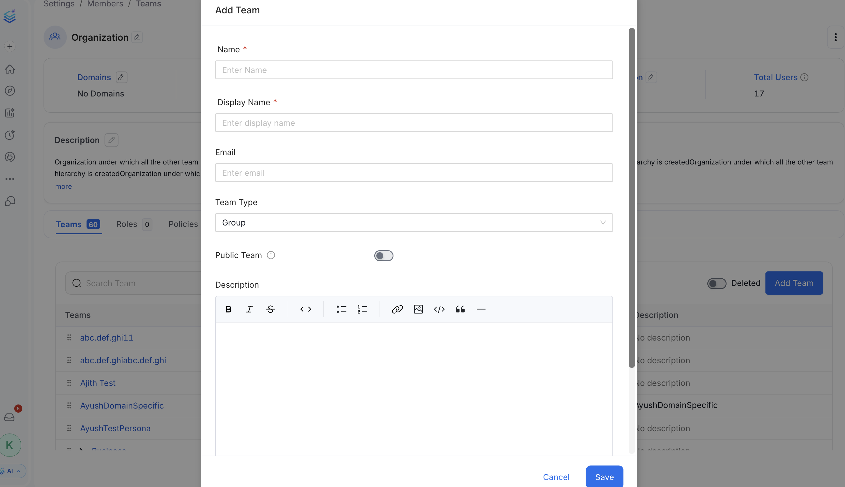 Add Team form