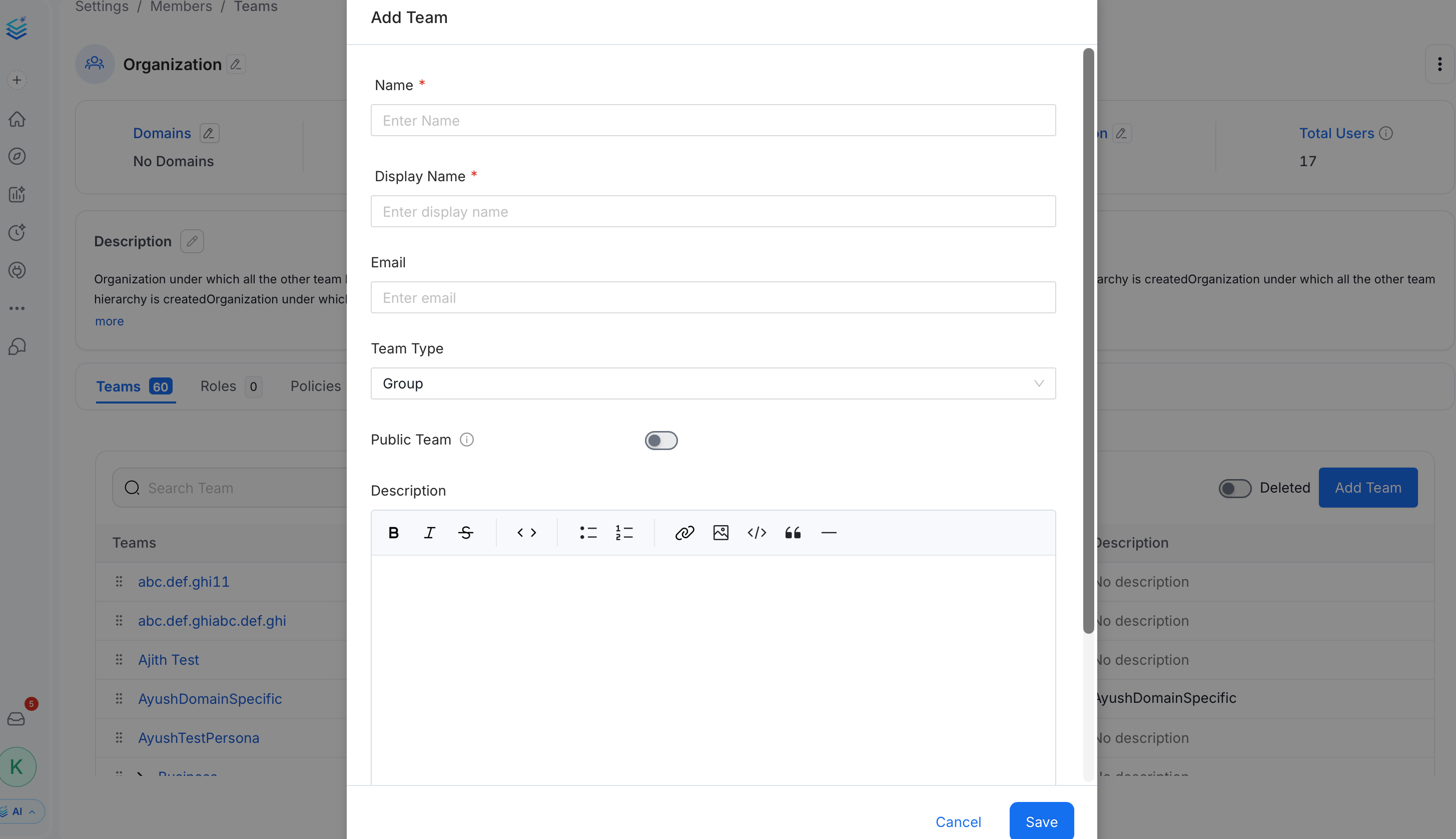 Add Team form