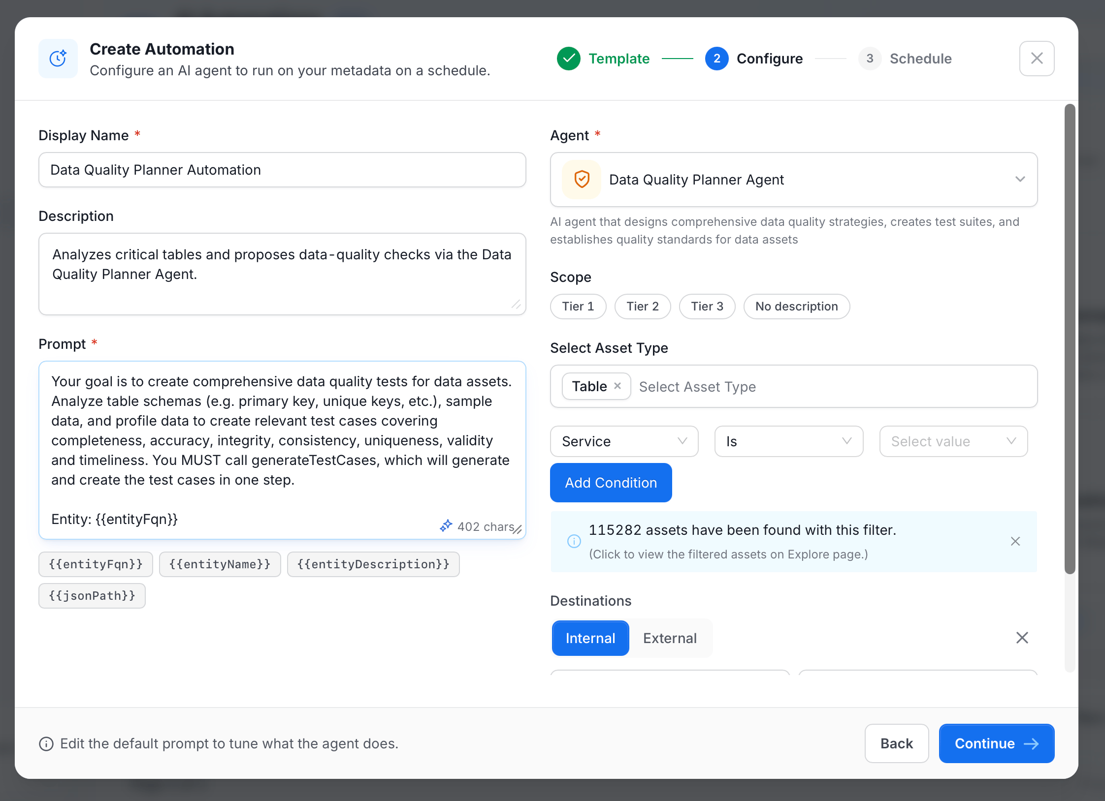 Configure step with pre-filled fields from a selected template