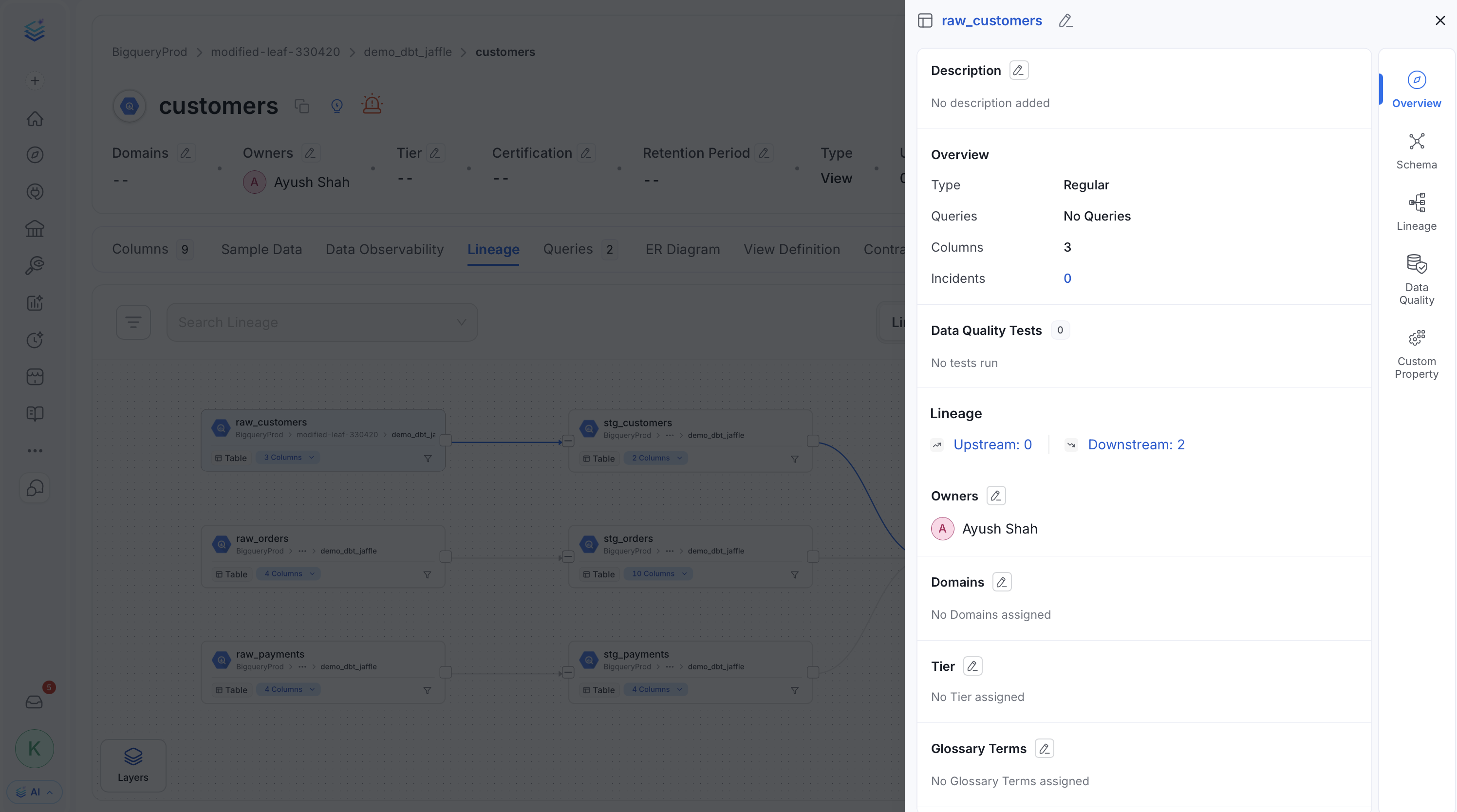 Quick Glance at the Data Asset from Lineage View