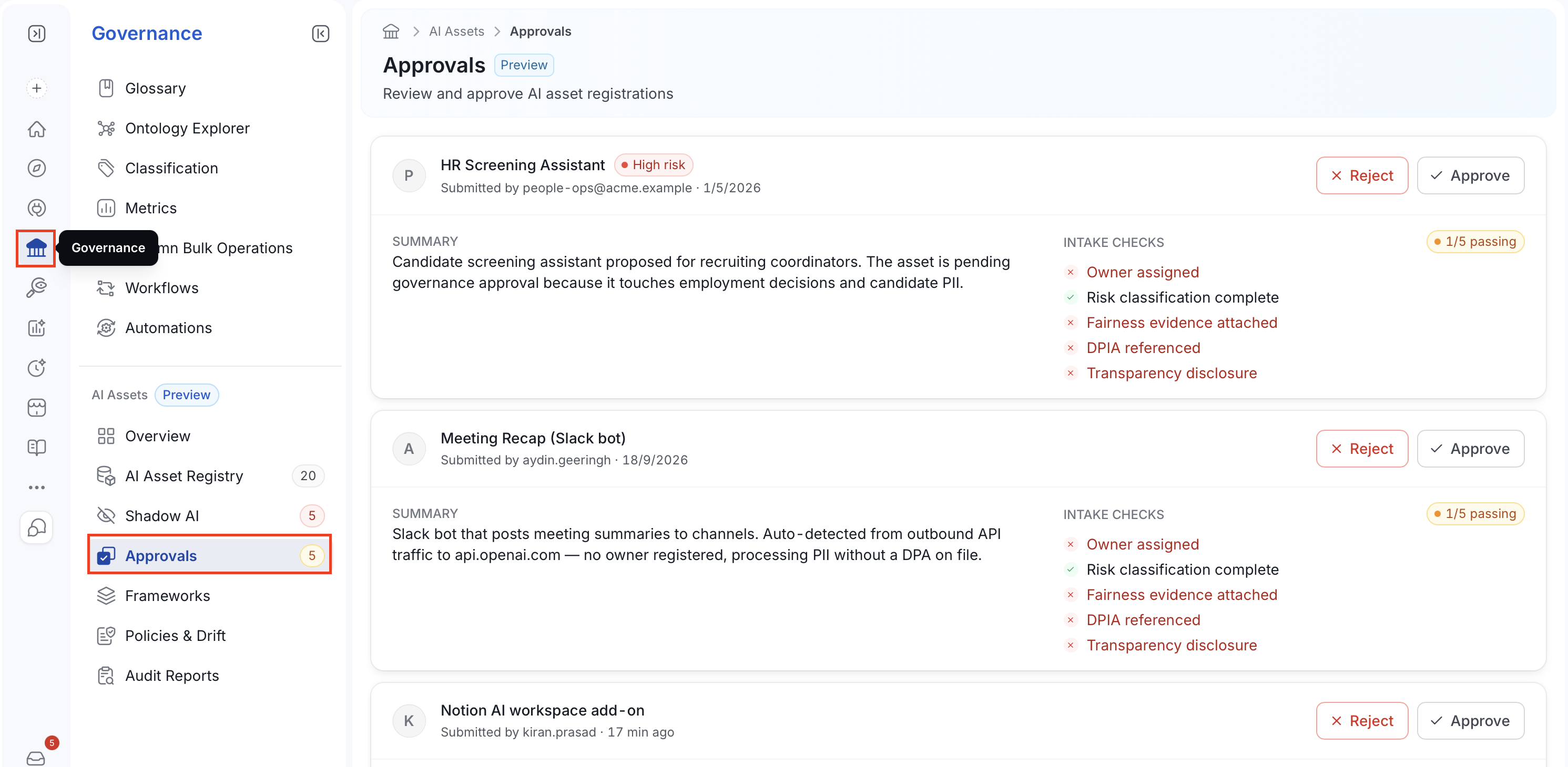 Approvals page