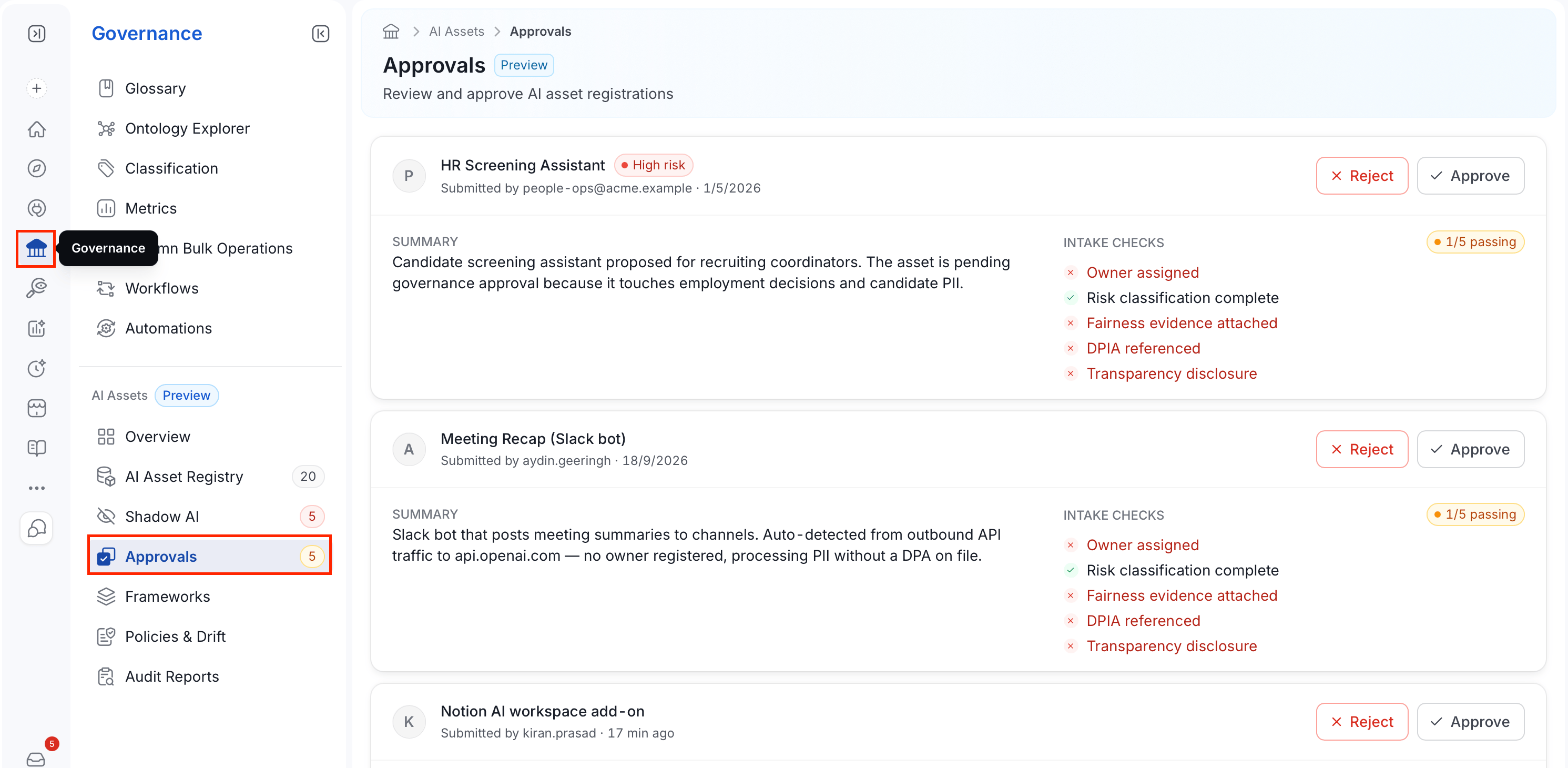 Approvals page