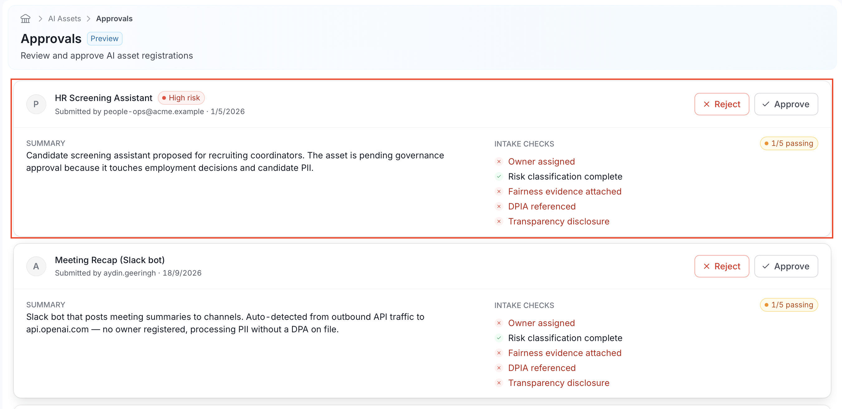 Approval card detail, showing Summary and Intake Checks