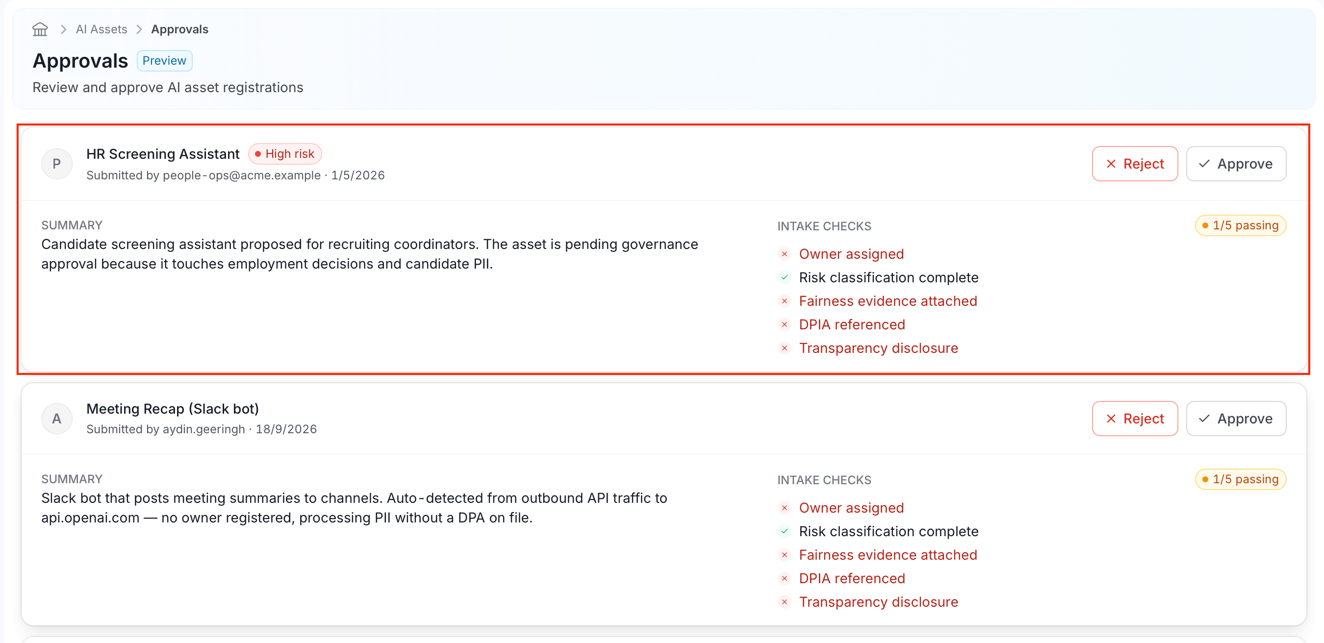 Approval card detail, showing Summary and Intake Checks