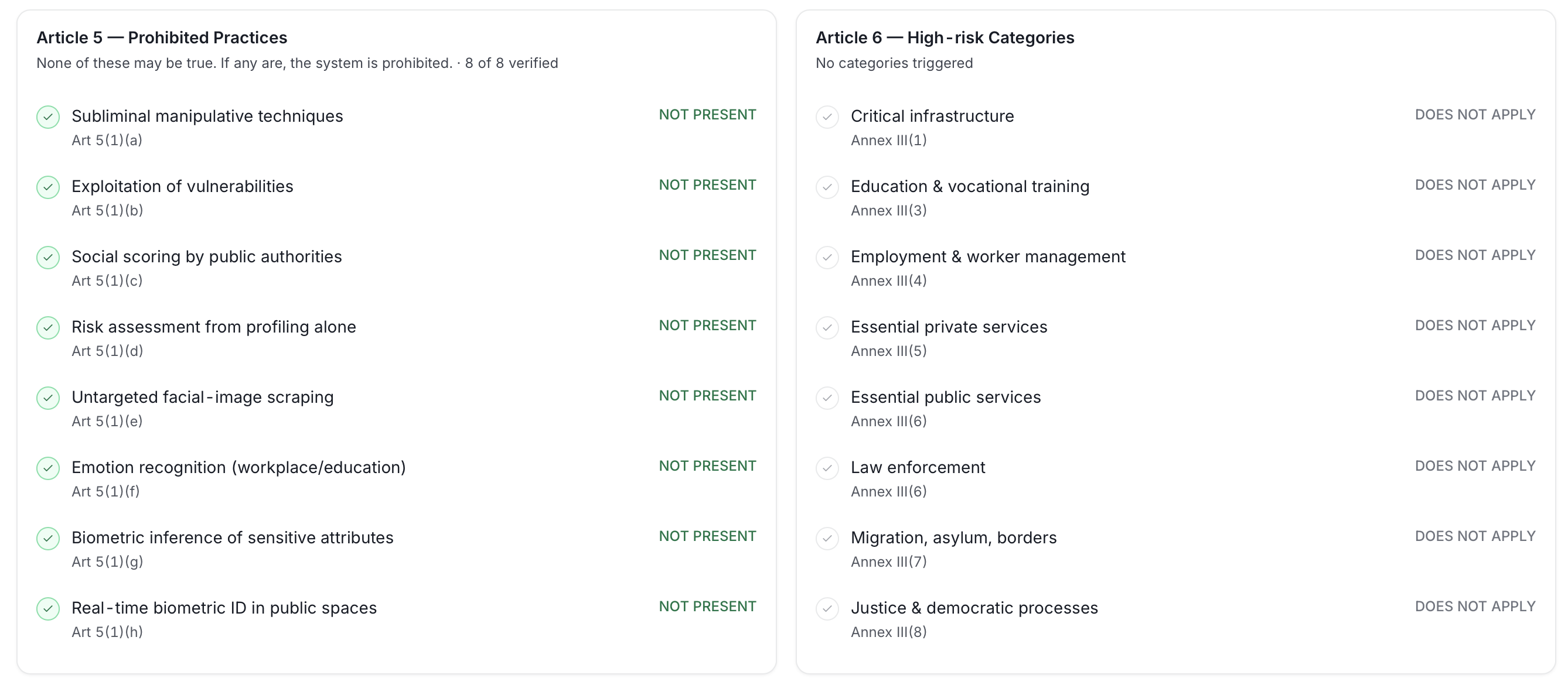 AI asset detail page, Compliance tab continued, articles