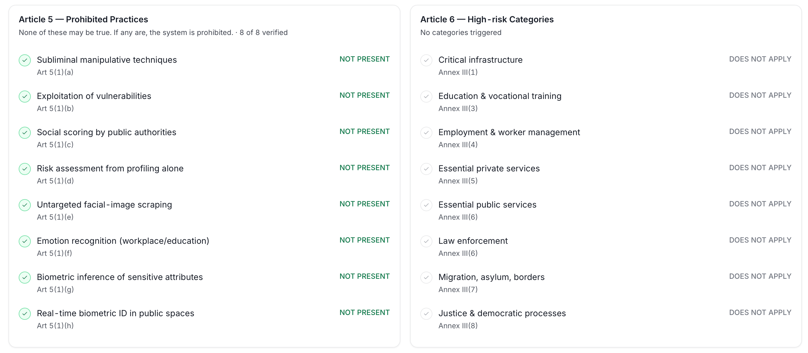 AI asset detail page, Compliance tab continued, articles