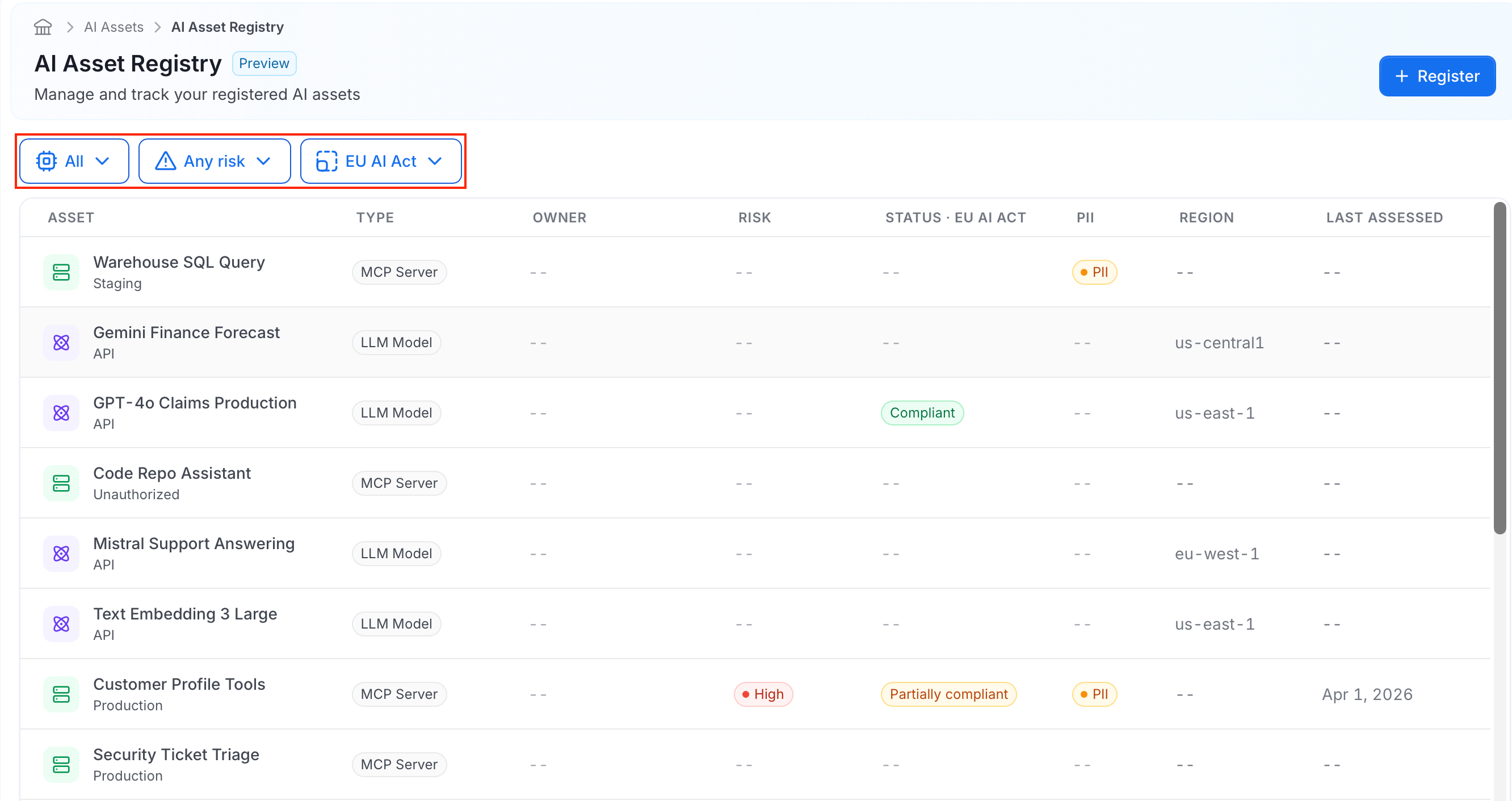 AI Asset Registry table filters
