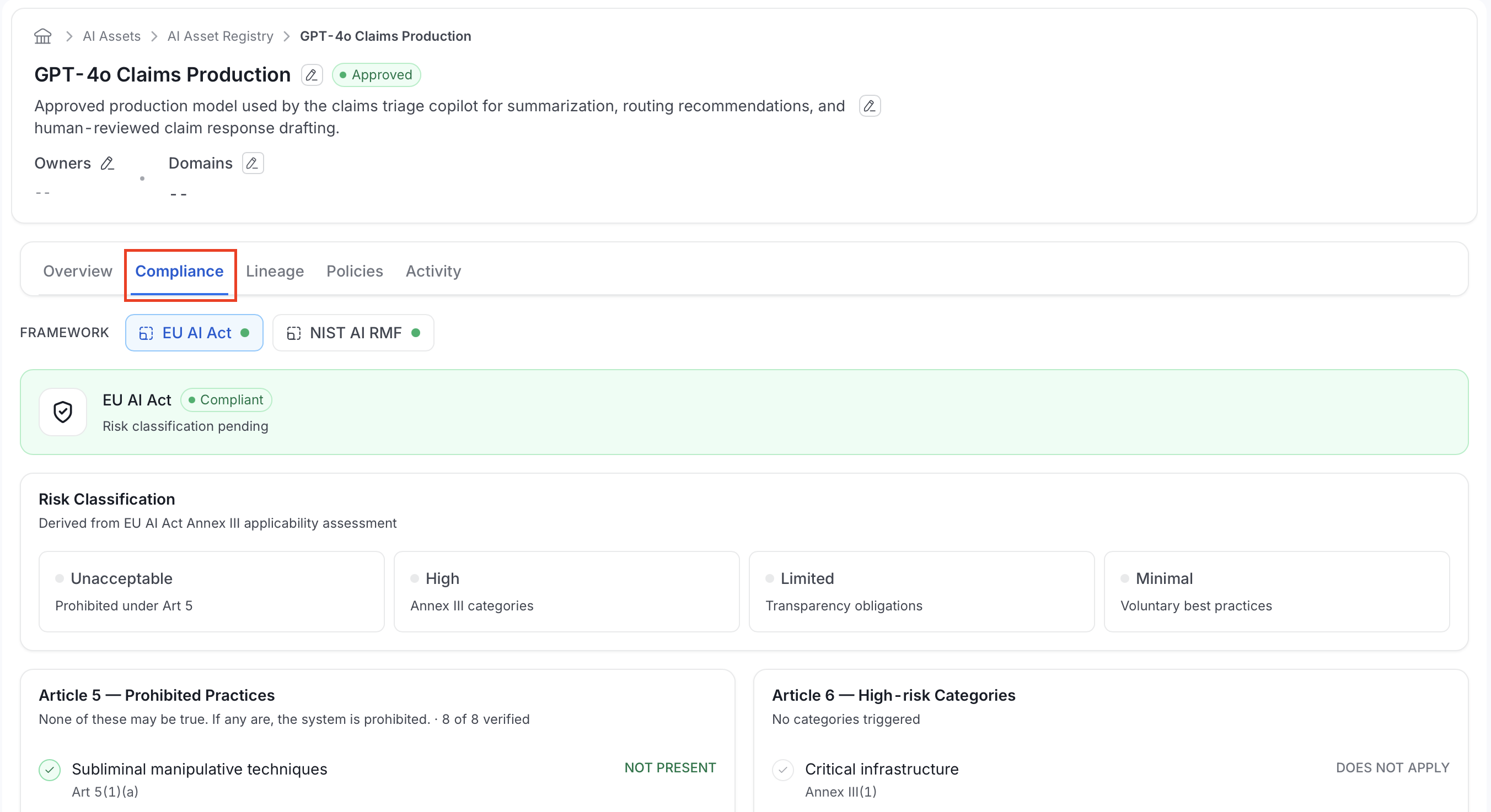 AI asset detail page, Compliance tab