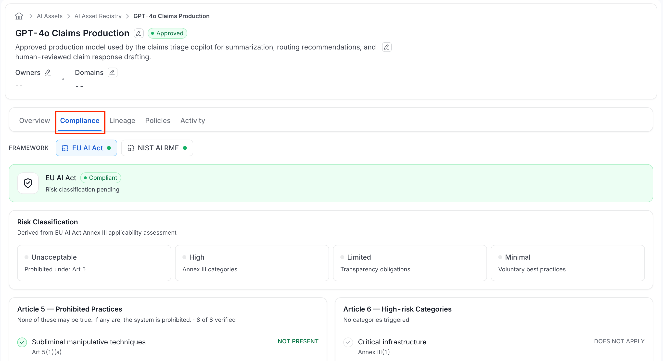 AI asset detail page, Compliance tab