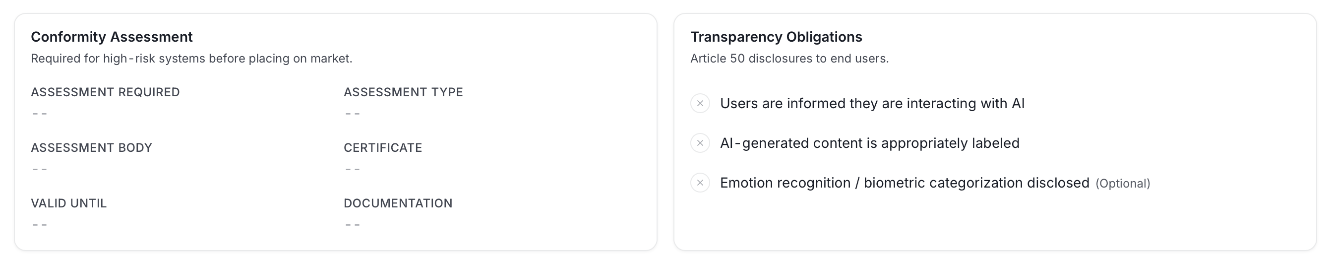 AI asset detail page, Compliance tab continued, conformity and transparency obligations