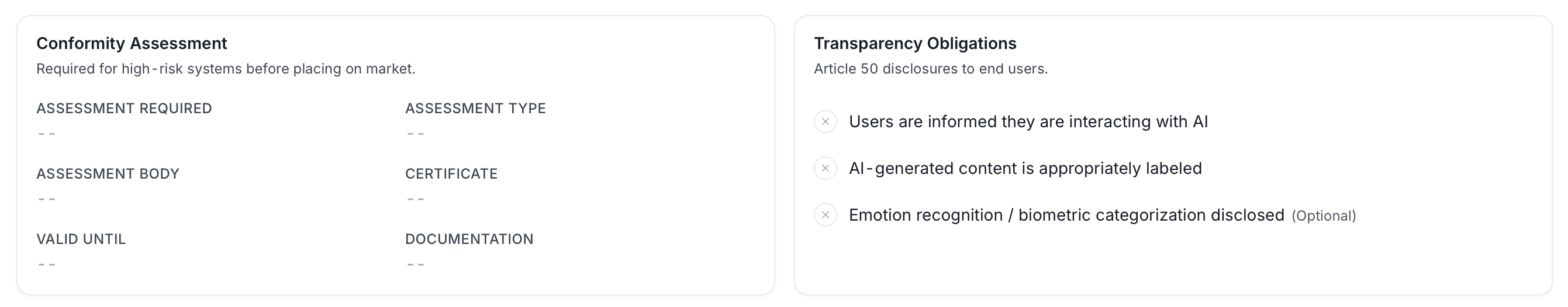 AI asset detail page, Compliance tab continued, conformity and transparency obligations