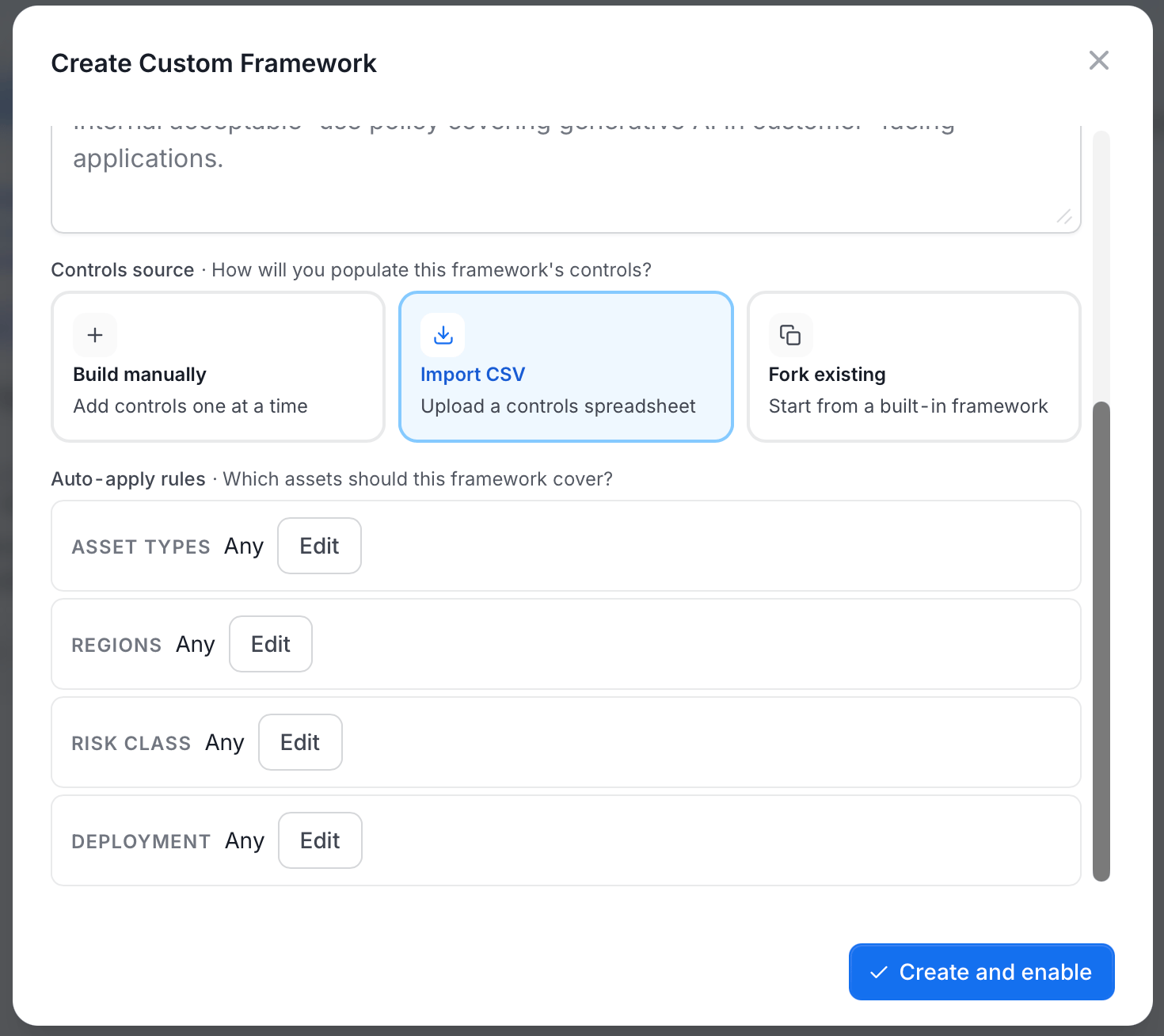 Create Custom Framework dialog, auto-apply rules