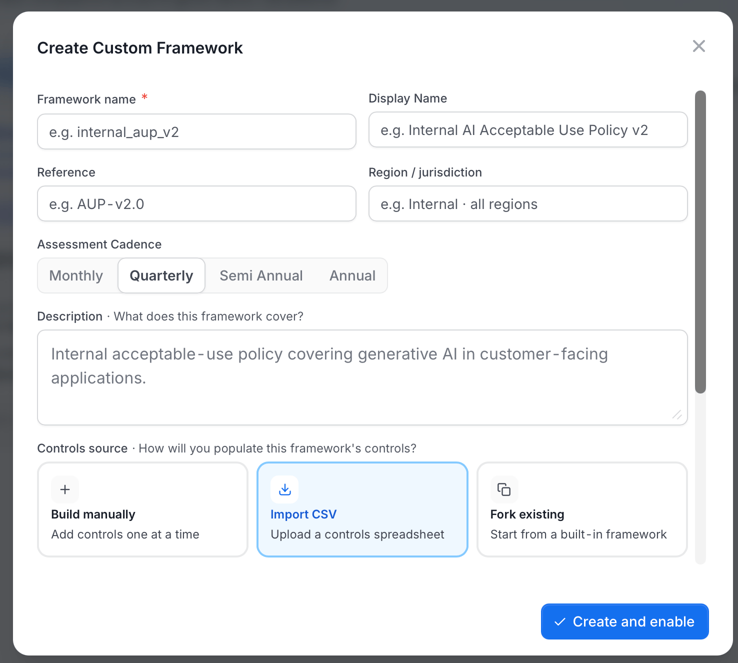 Create Custom Framework dialog, framework fields and controls source