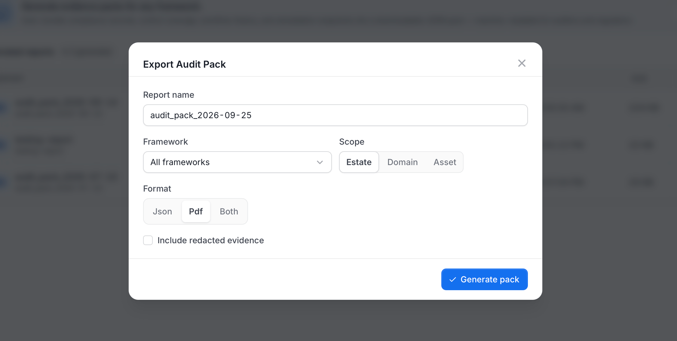 Export Audit Pack dialog
