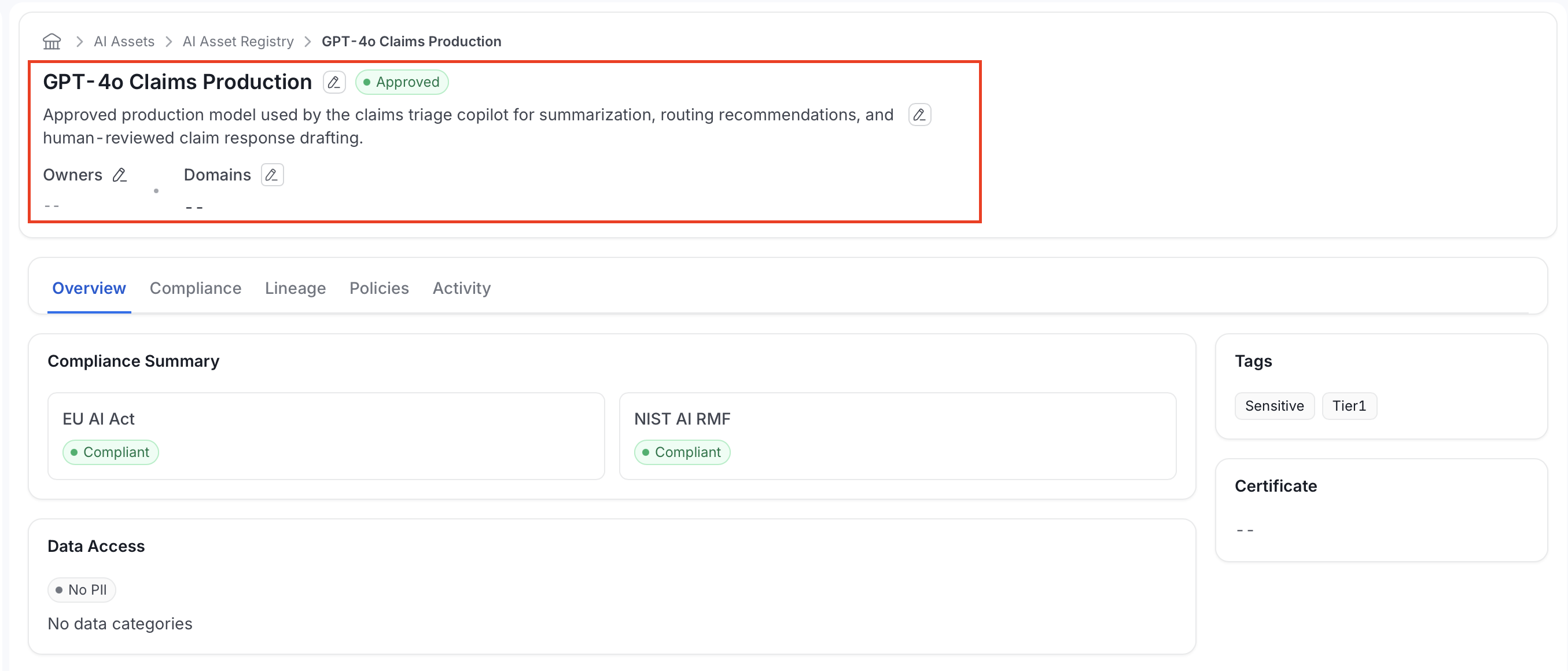 Assets Detail Page - header info