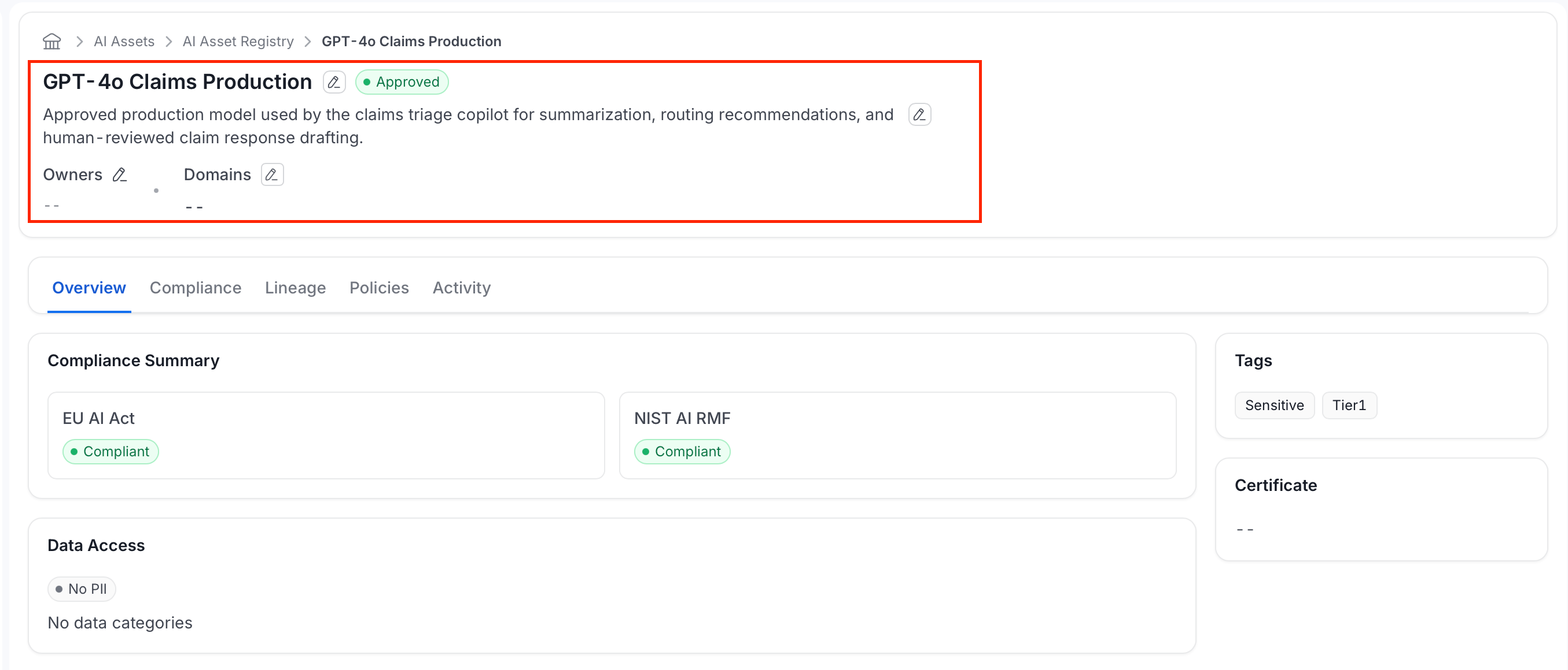 Assets Detail Page - header info