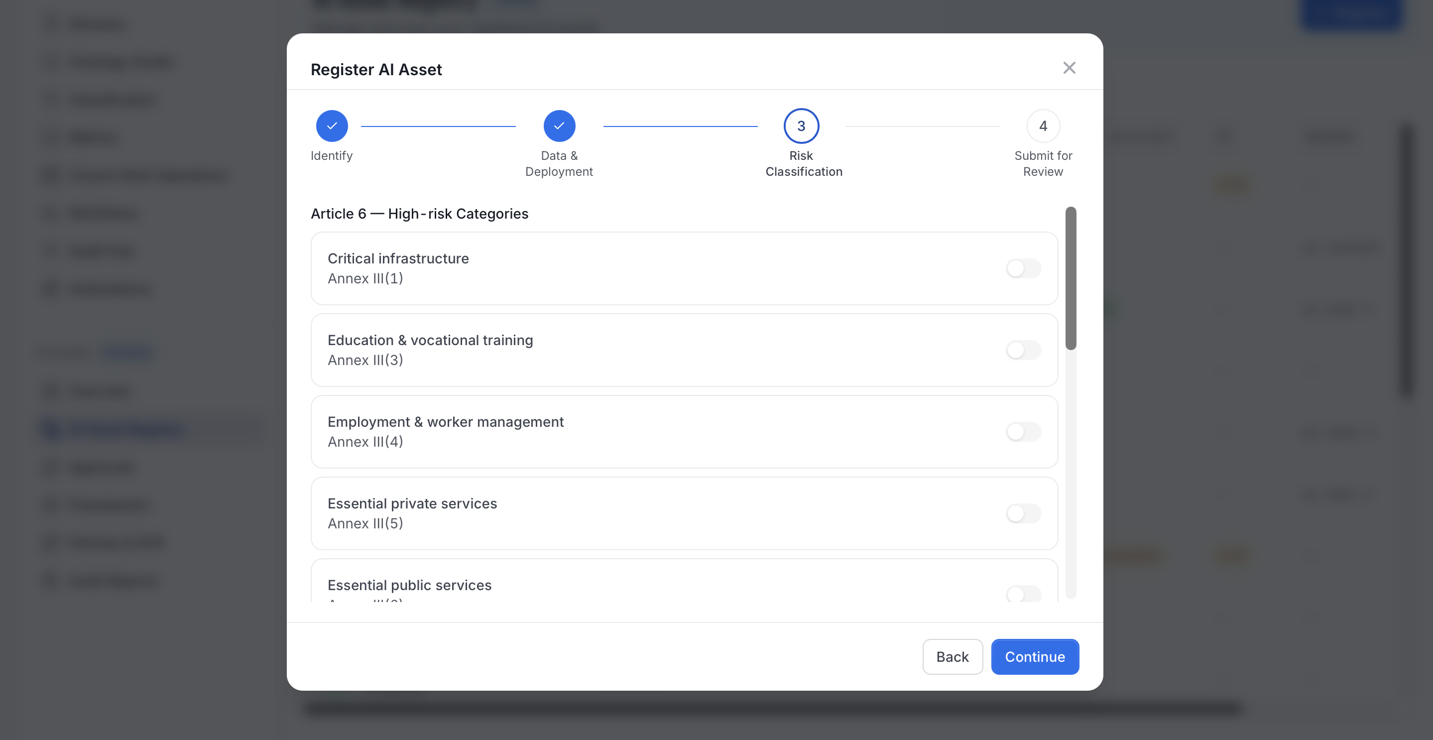 Register AI Asset, Step 3: Risk Classification, Article 6 high-risk categories