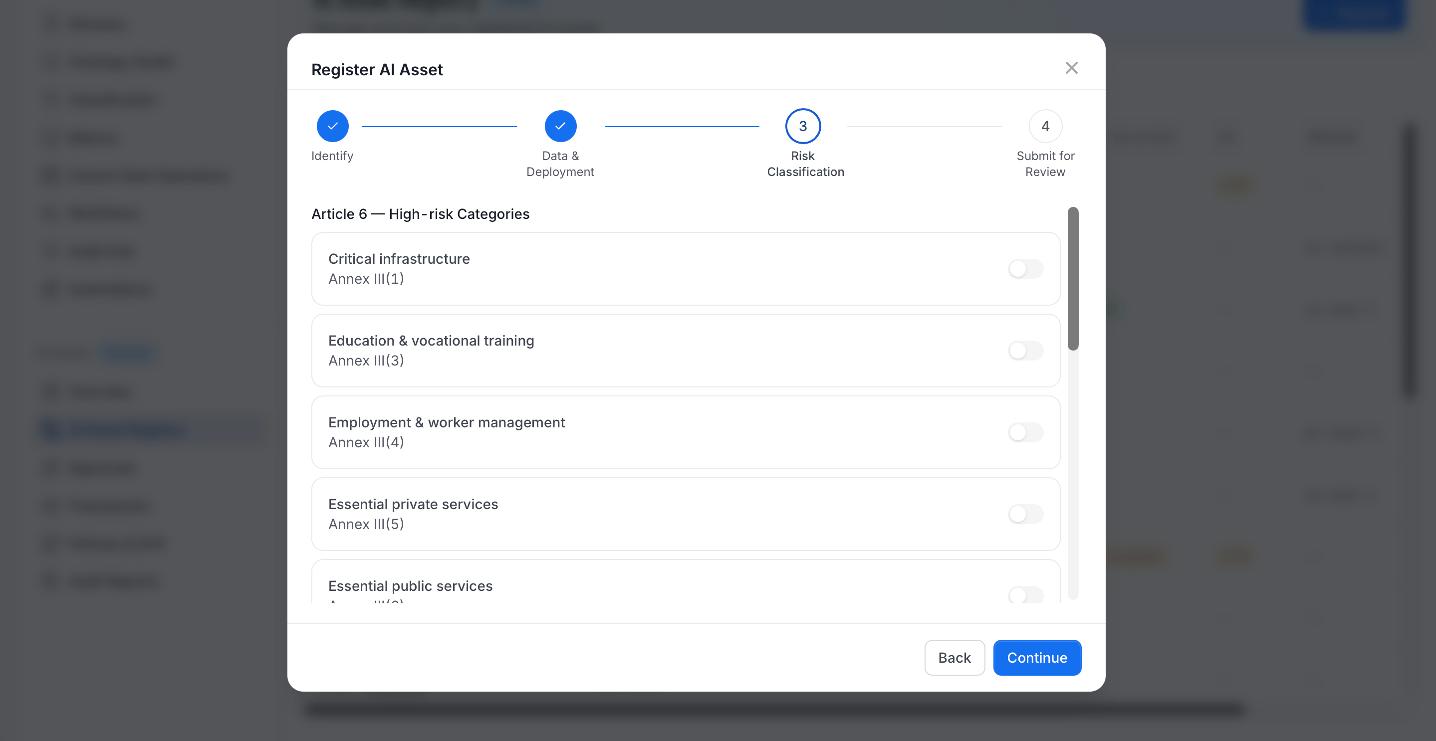 Register AI Asset, Step 3: Risk Classification, Article 6 high-risk categories