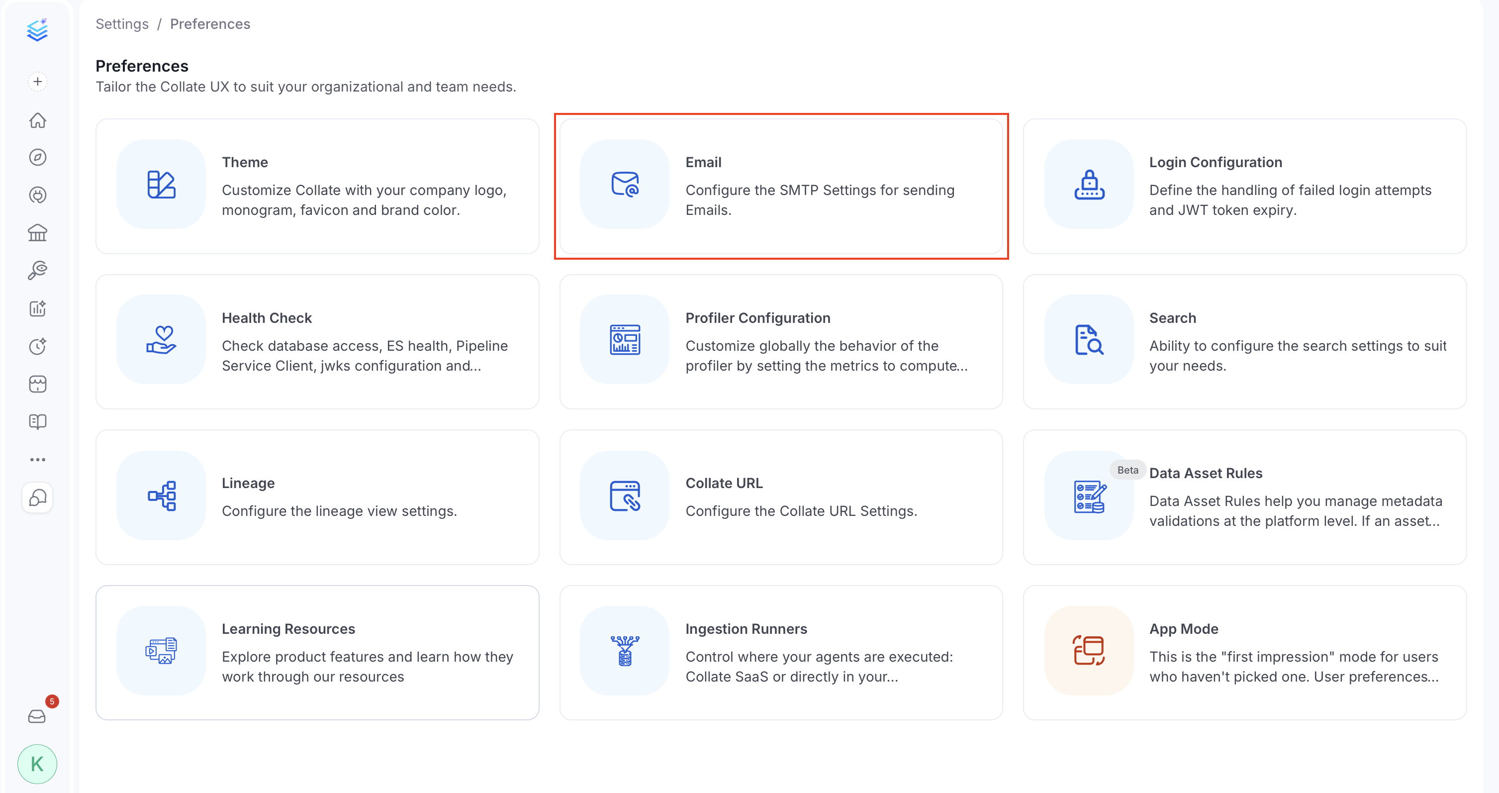 Email settings under Preferences