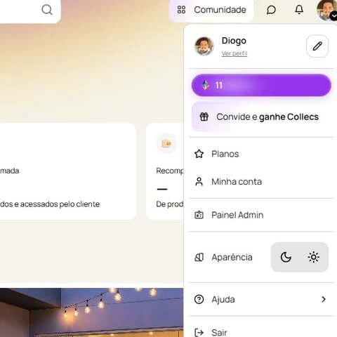 Menu do avatar mostrando Collecs, Planos, Minha conta