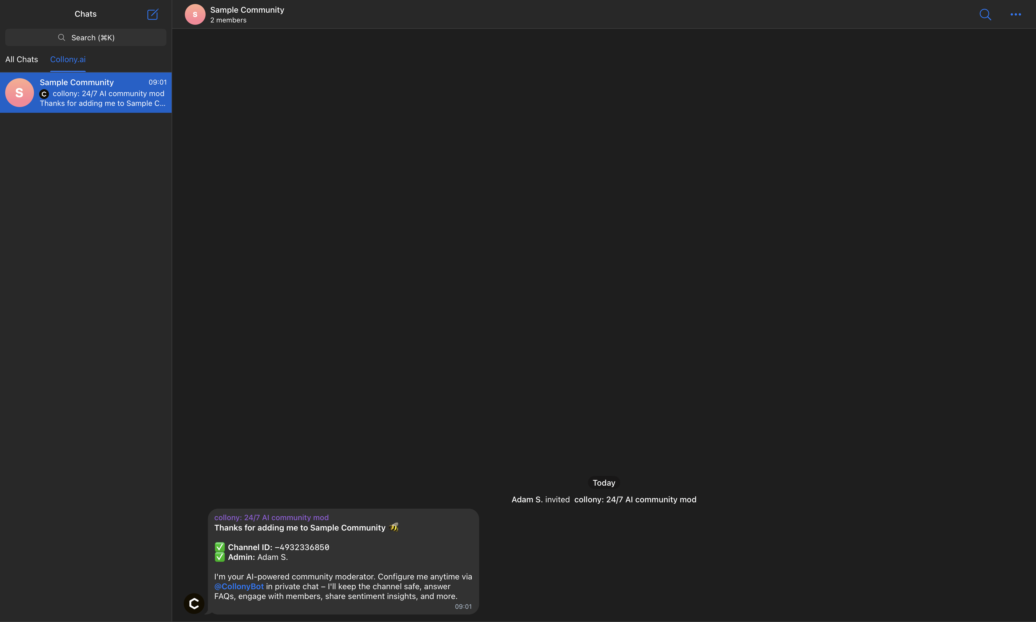 collony bot welcome message in Telegram