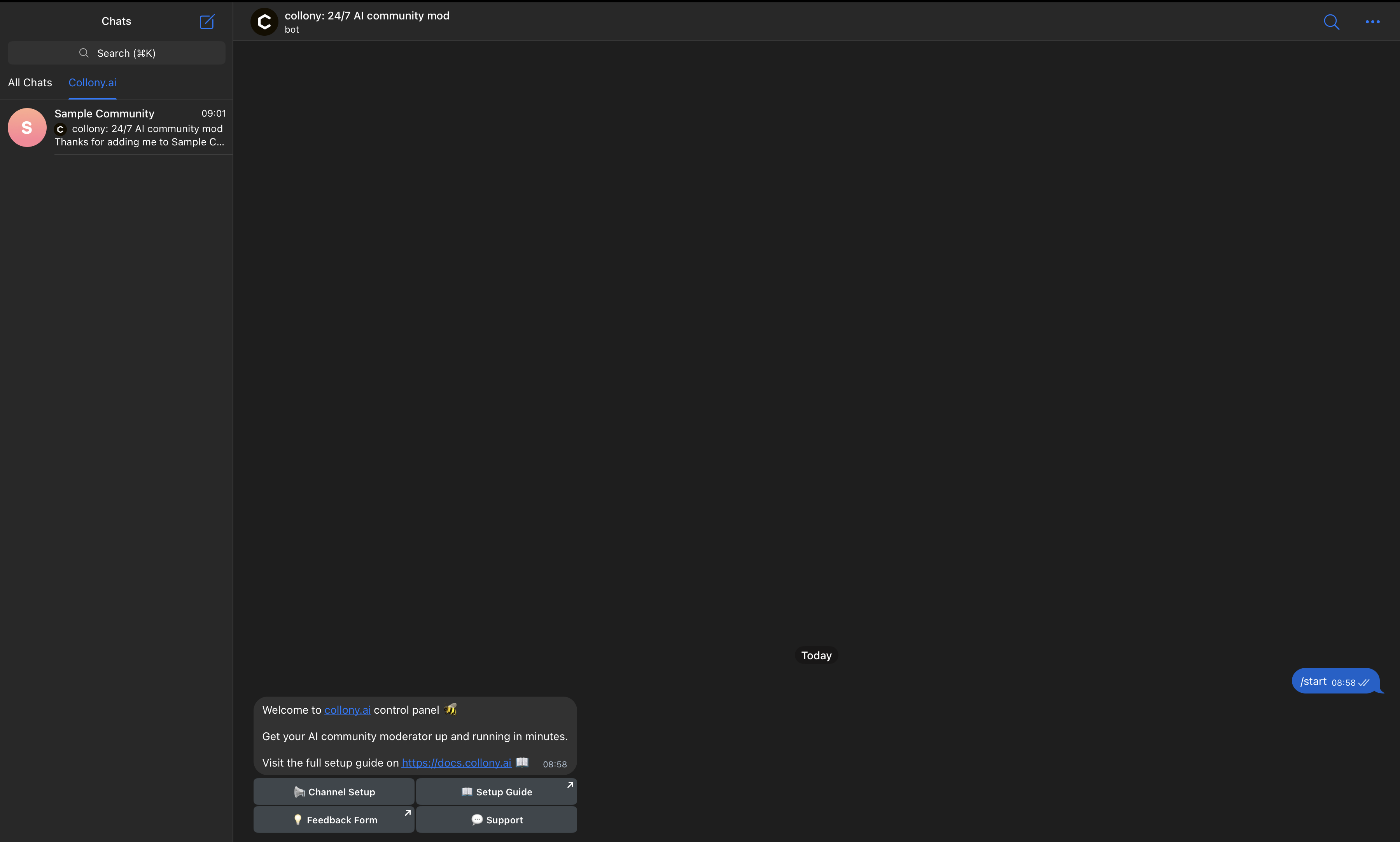 collony AI setup dashboard in Telegram