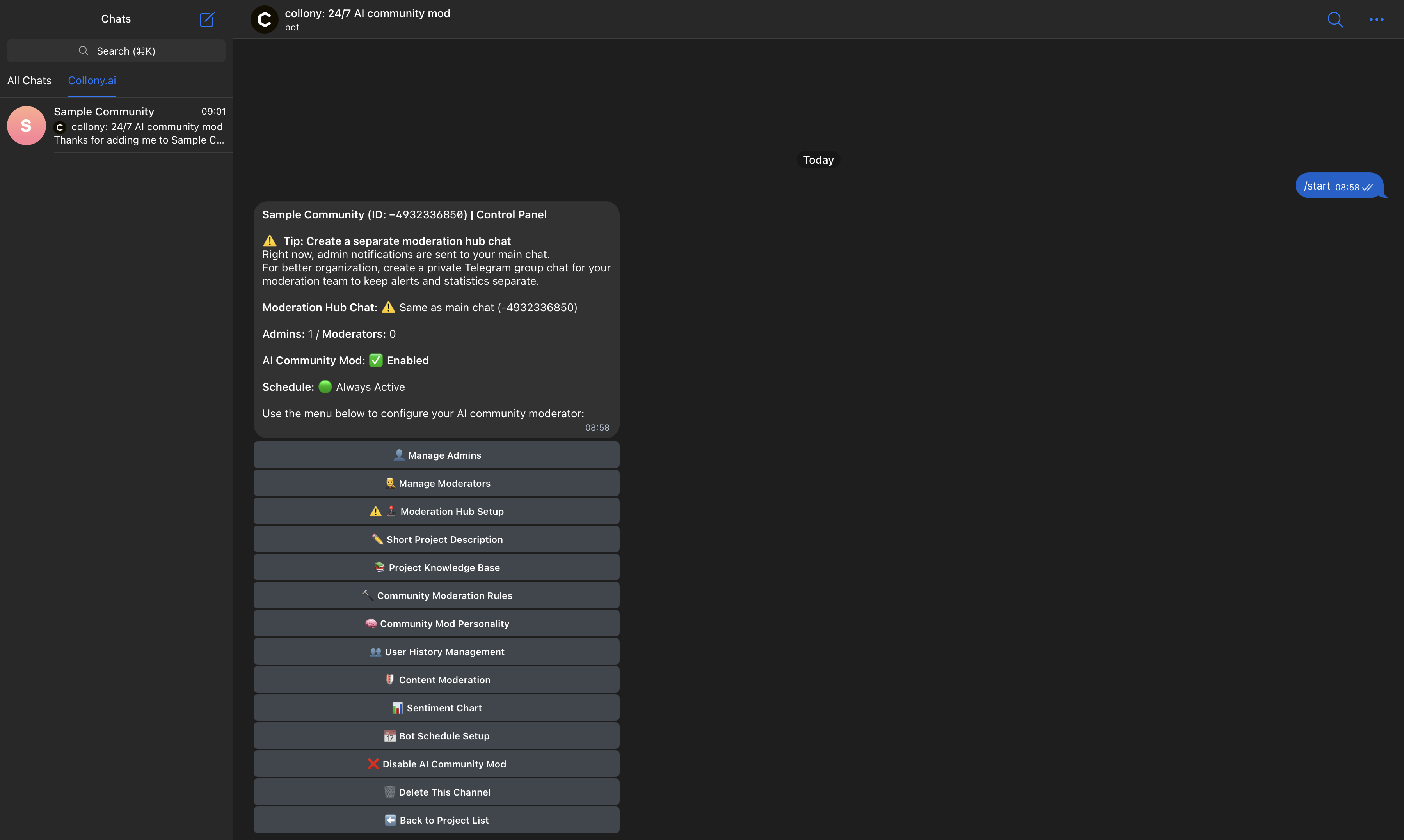 Selecting a Telegram community group in collony AI setup menu