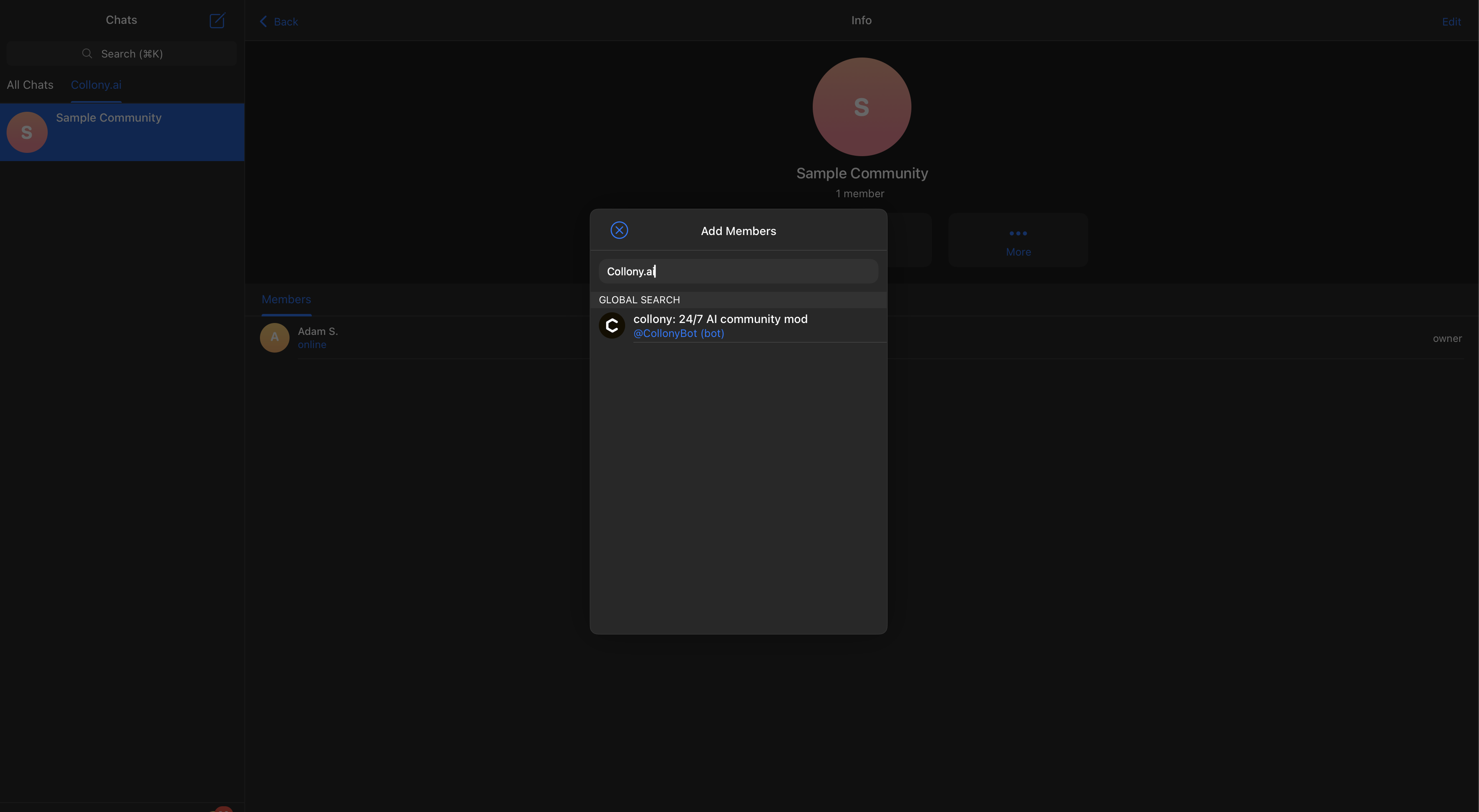 Adding @CollonyBot to Telegram group