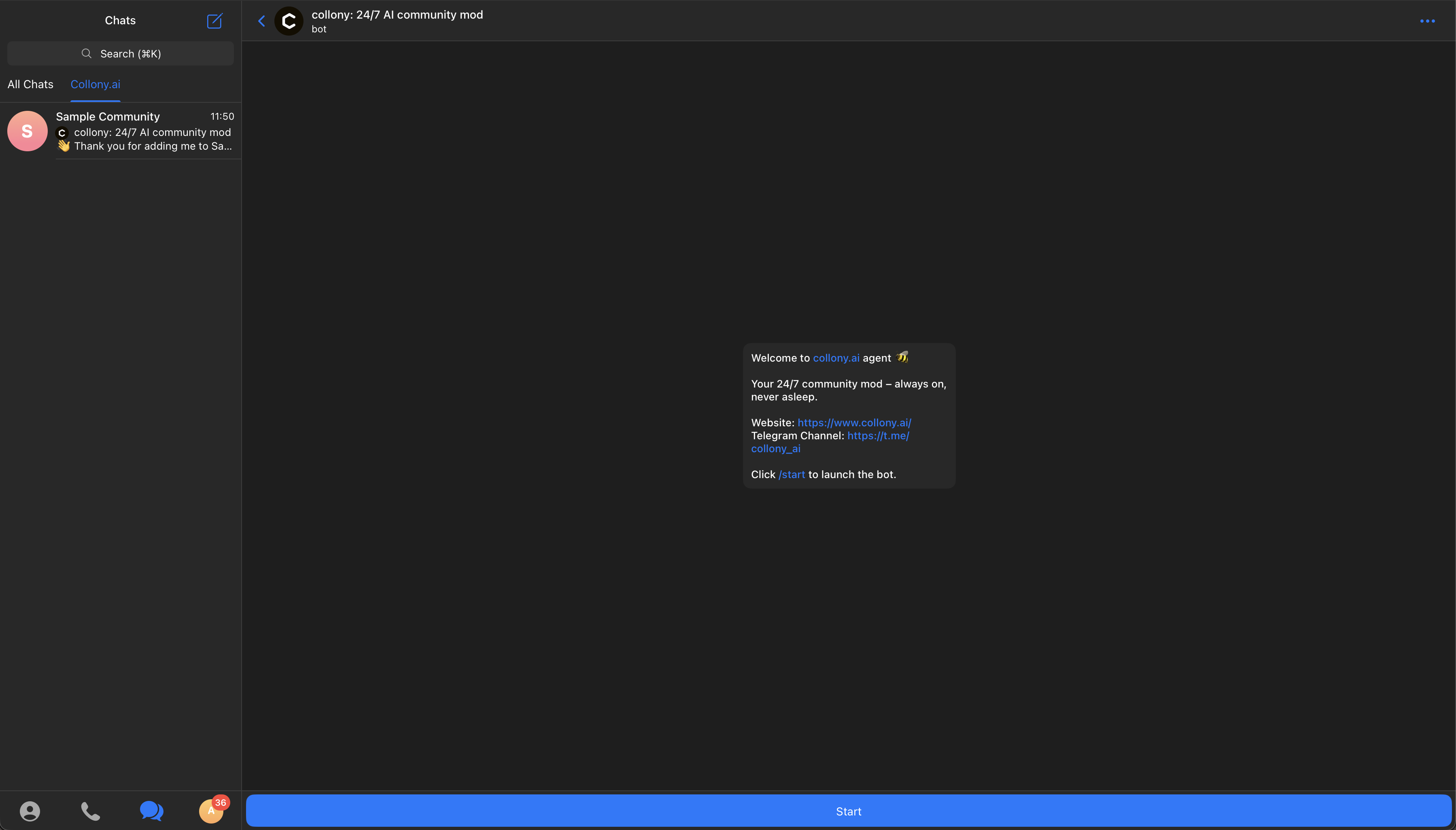 Launching collony AI setup in Telegram