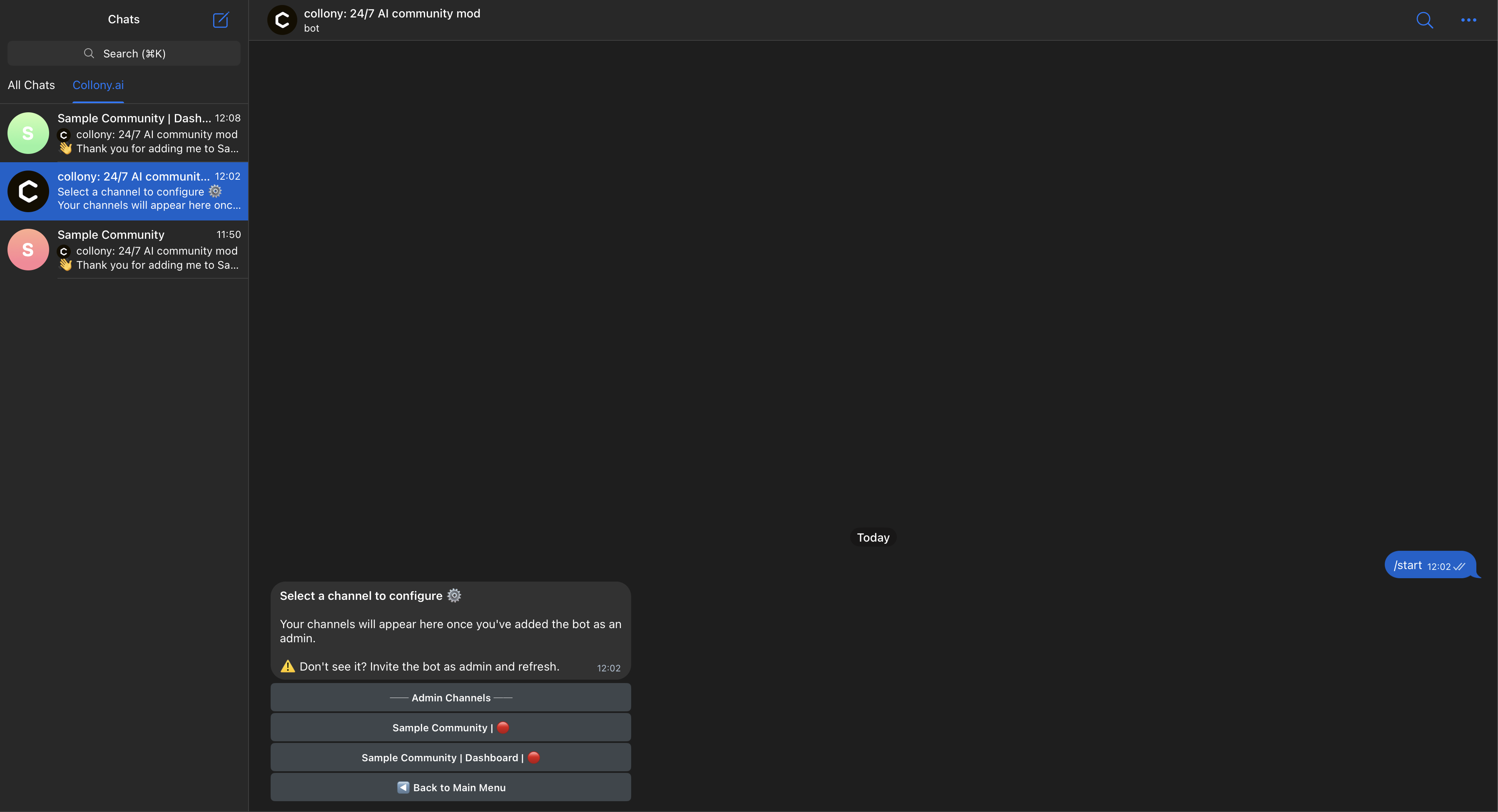 collony AI in-bot channel setup screen